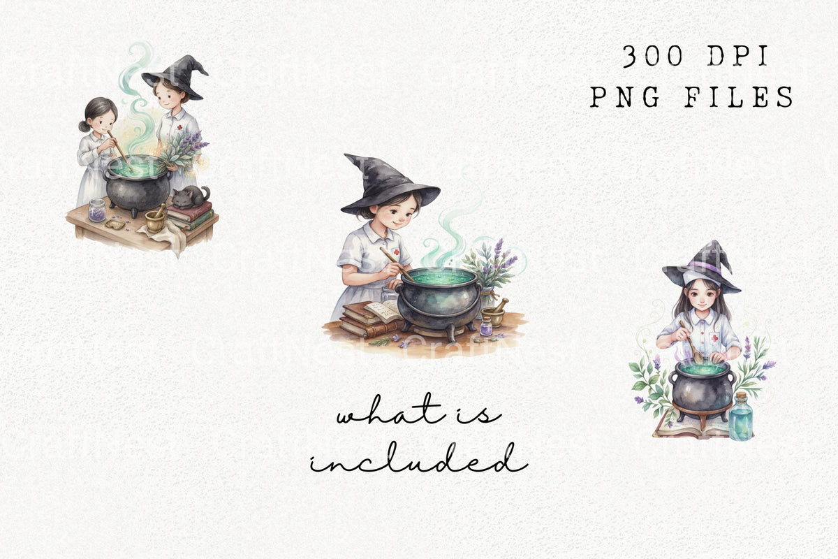 Witch Nurse Brewing Potion Clipart Bundle