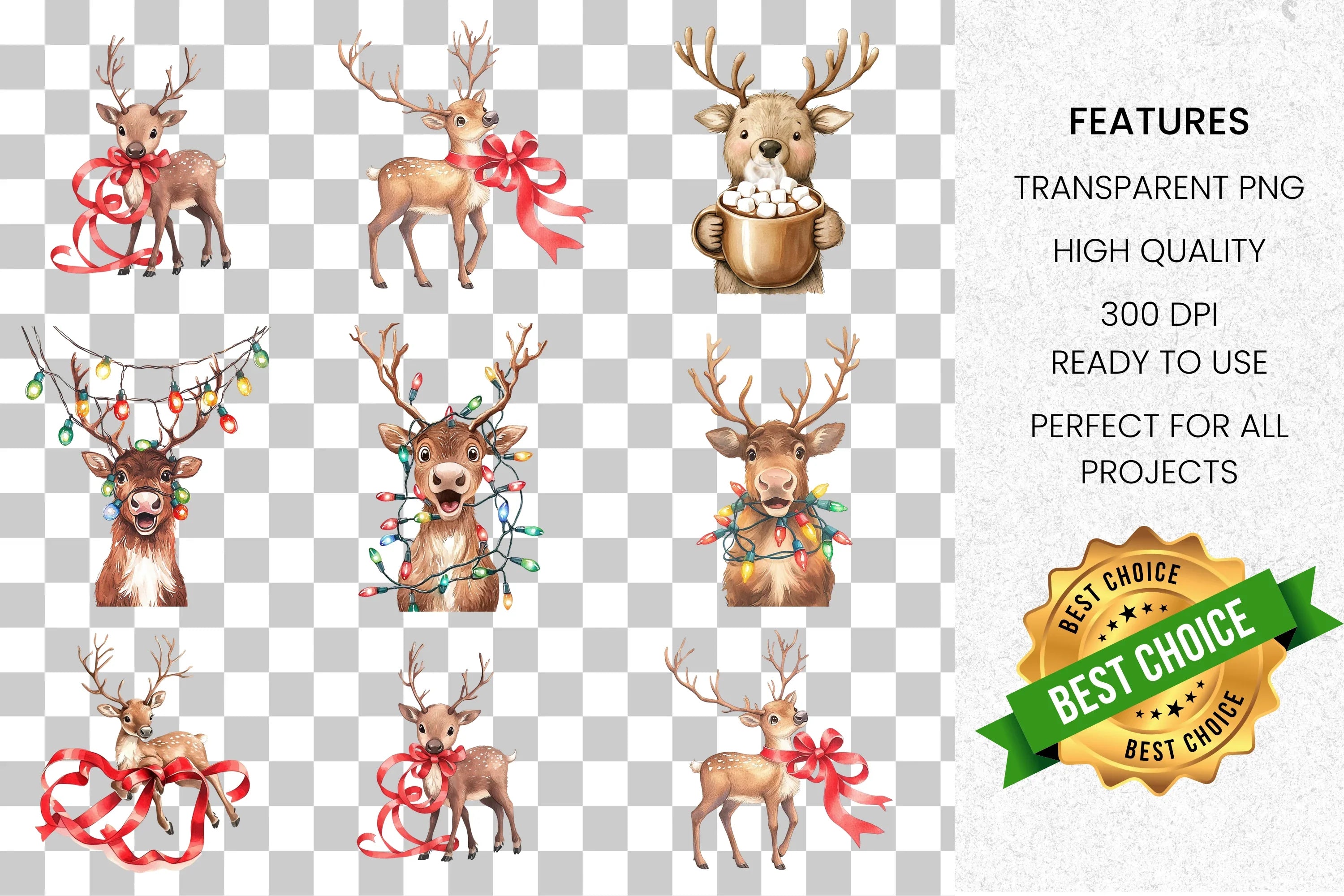 Cute Christmas Deer Clipart Bundle