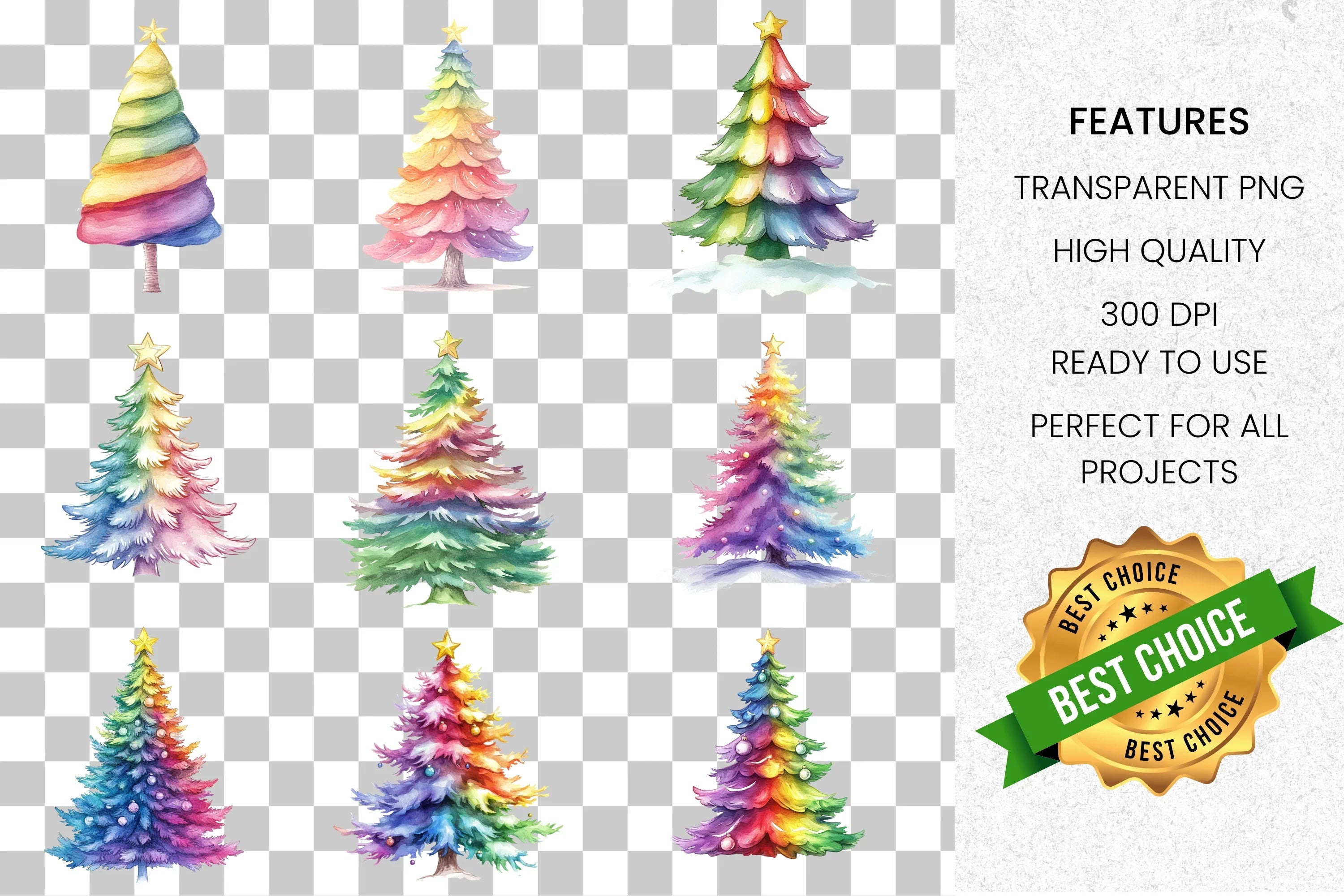 Rainbow Christmas Tree Clipart Bundle