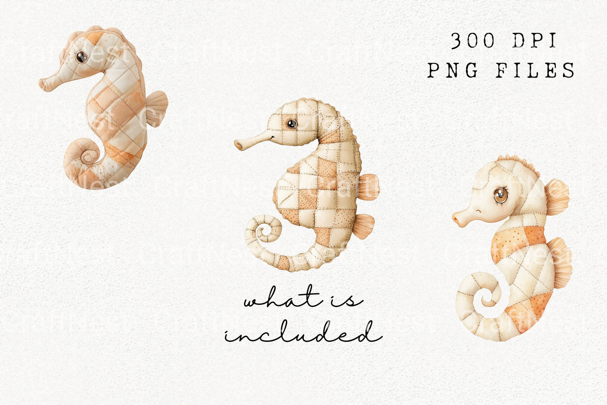 Quilted Patchwork Seahorse Illustrations Clipart Bundle