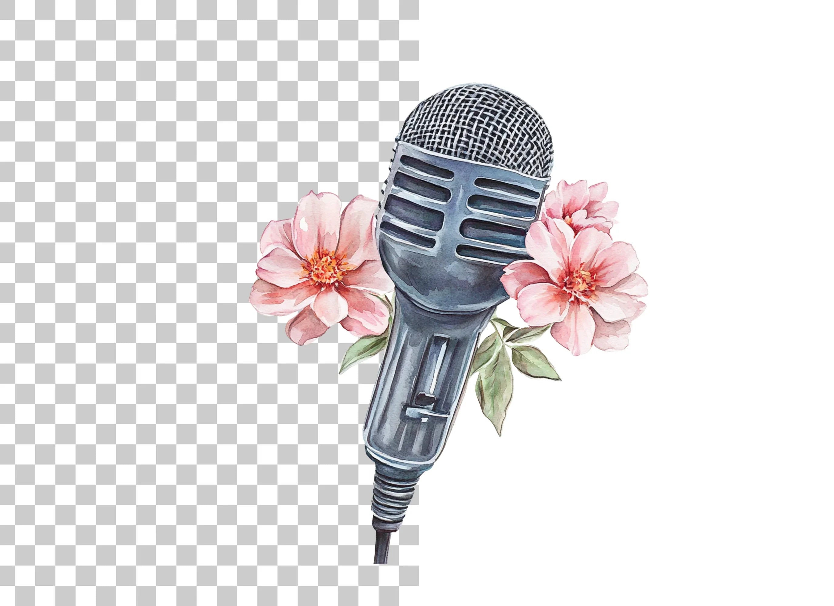 Vintage Microphone with Pink Flowers Clipart Bundle