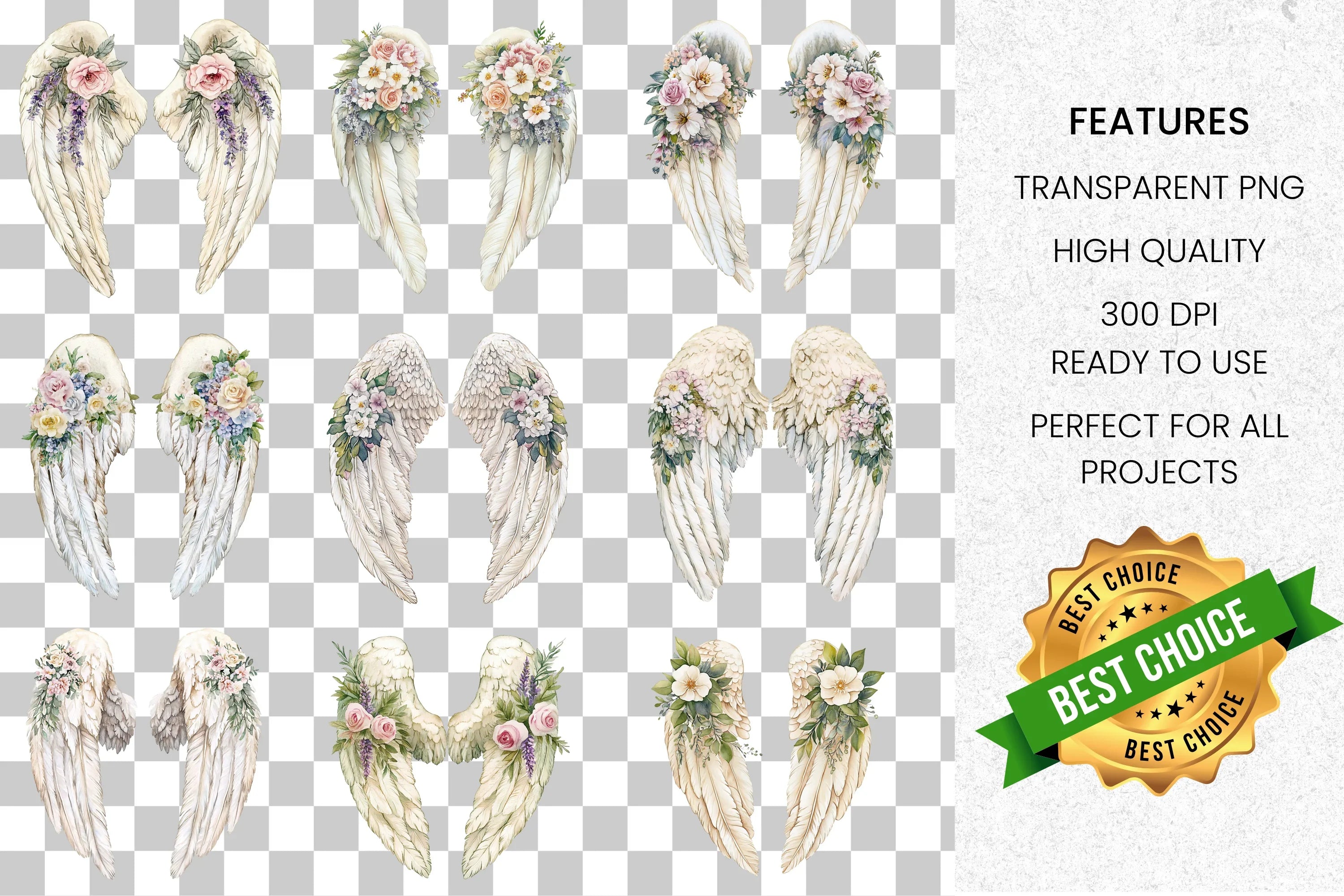 Angel Wings and Flowers Clipart Bundle