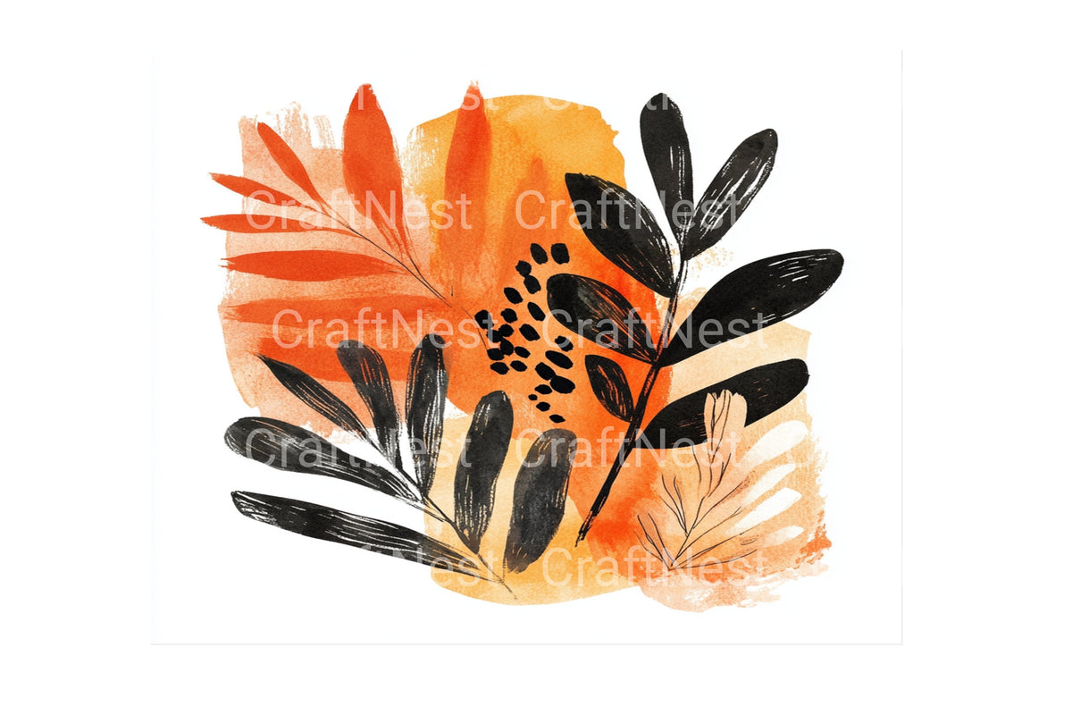 Abstract Orange Black Leaves Clipart Bundle