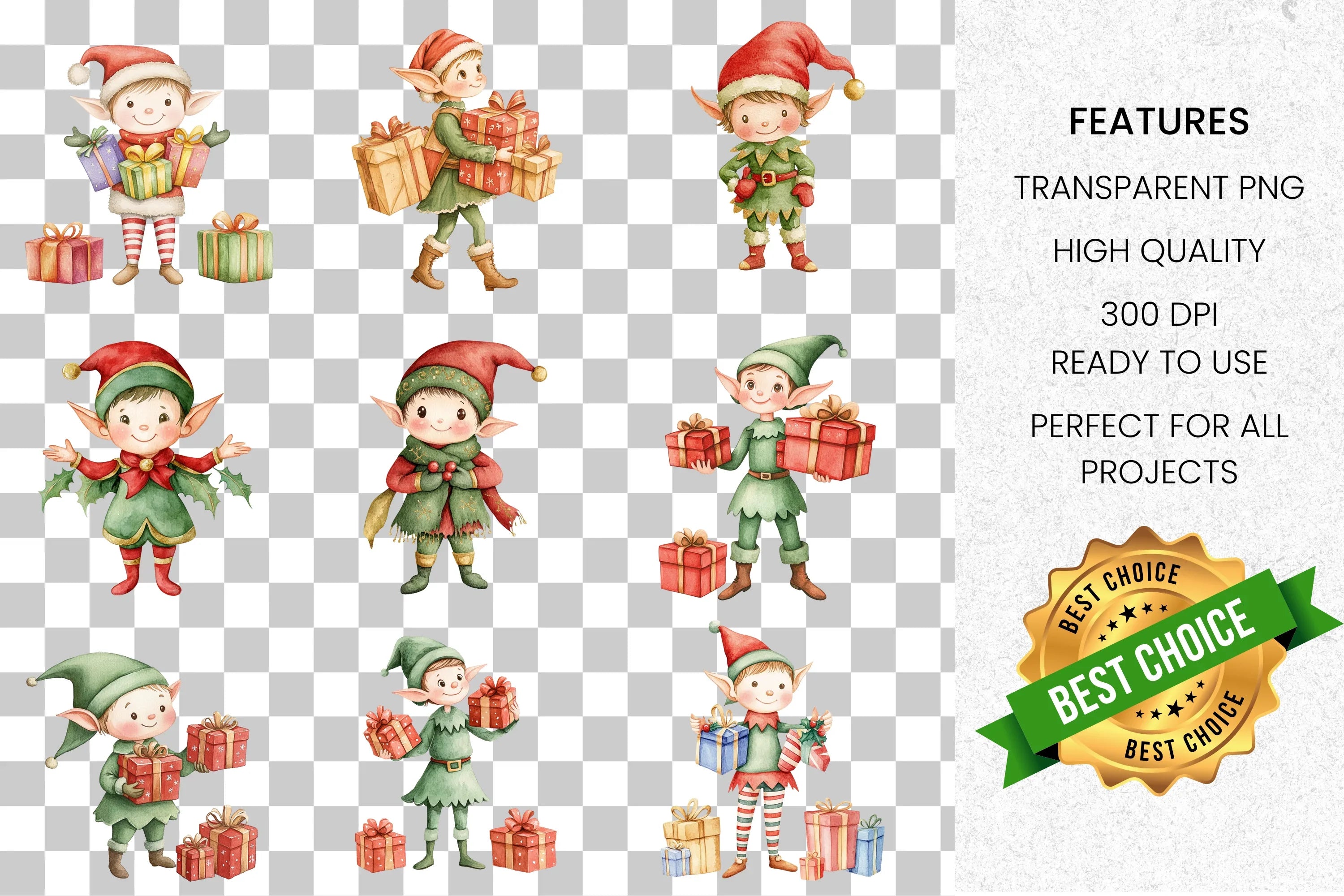 Cute Christmas Elves with Gifts Clipart Bundle