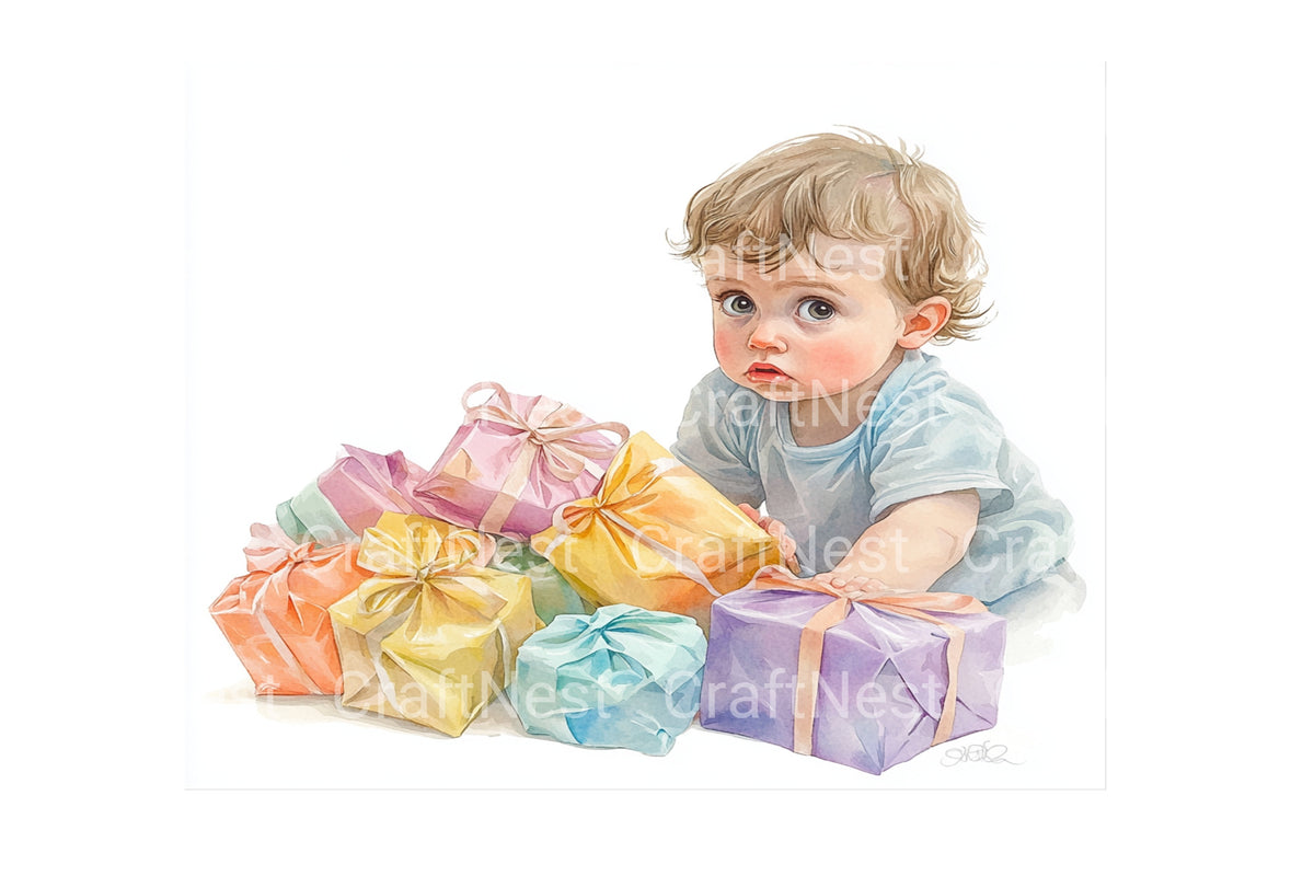 Adorable Baby With Gift Boxes Clipart Bundle