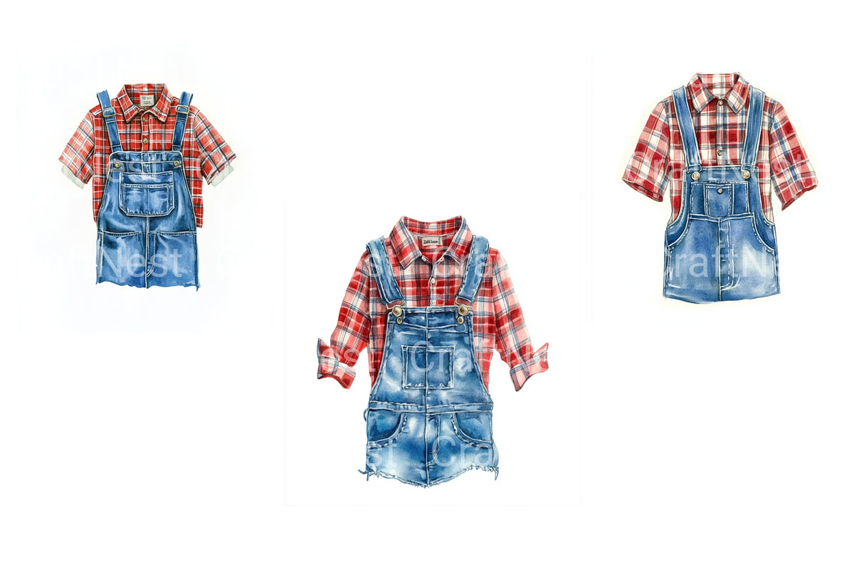 Plaid Shirt And Overalls Clipart Bundle