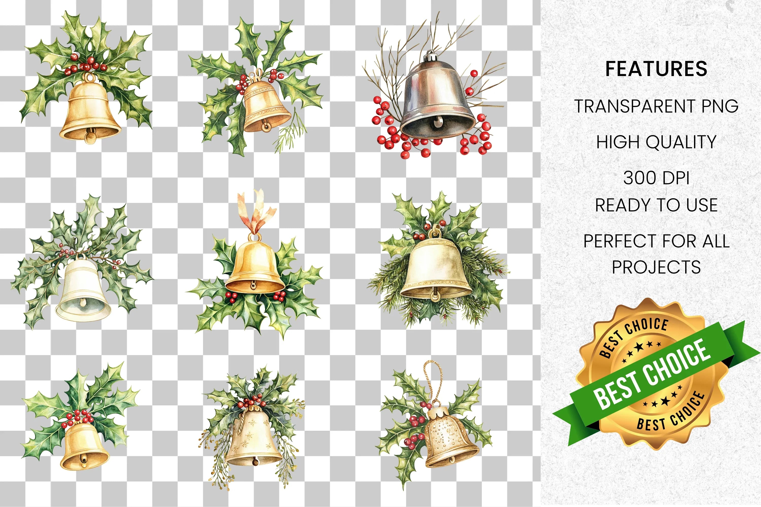 Christmas Bells and Holly Clipart Bundle