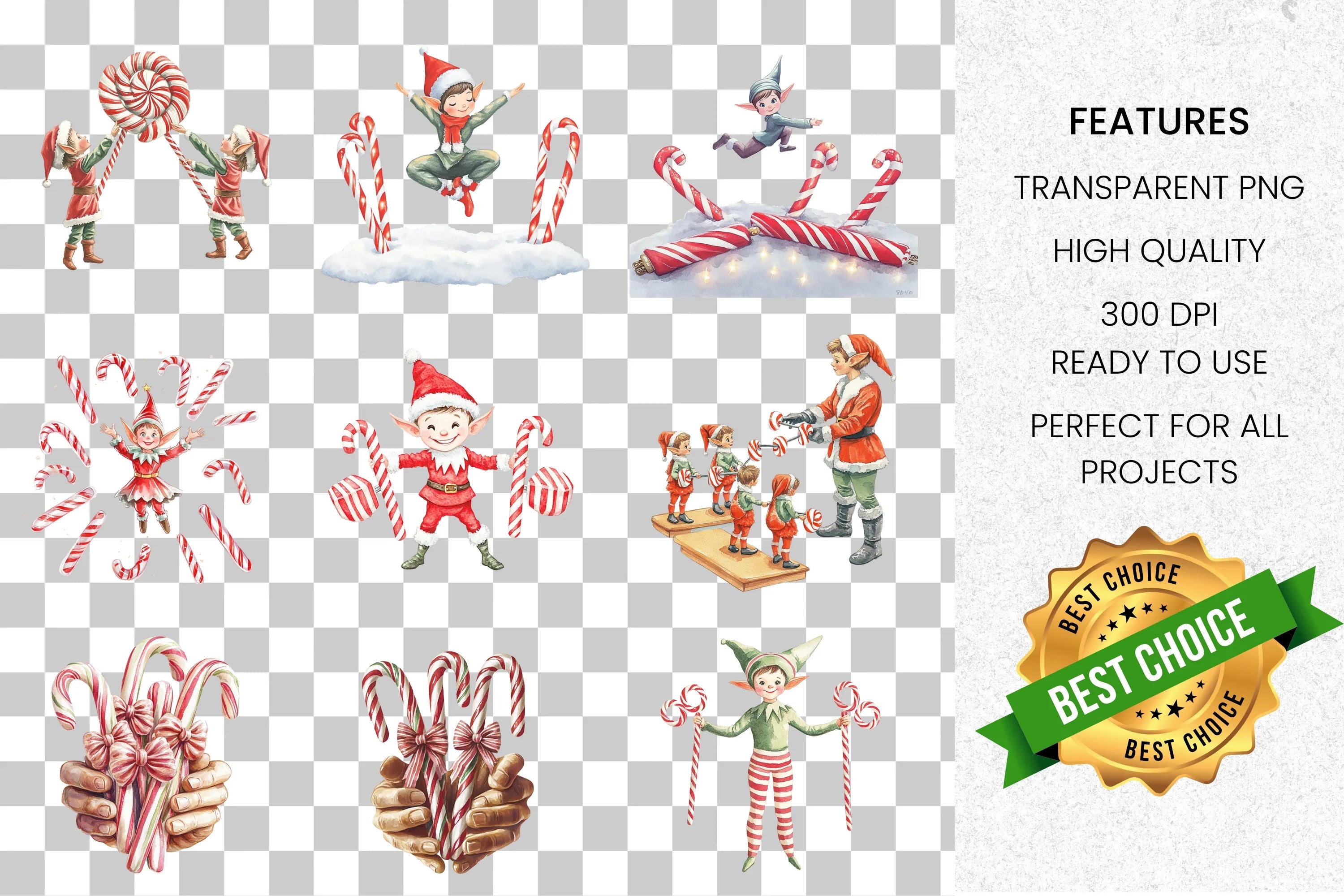 Christmas Elf with Candy Canes Clipart Bundle