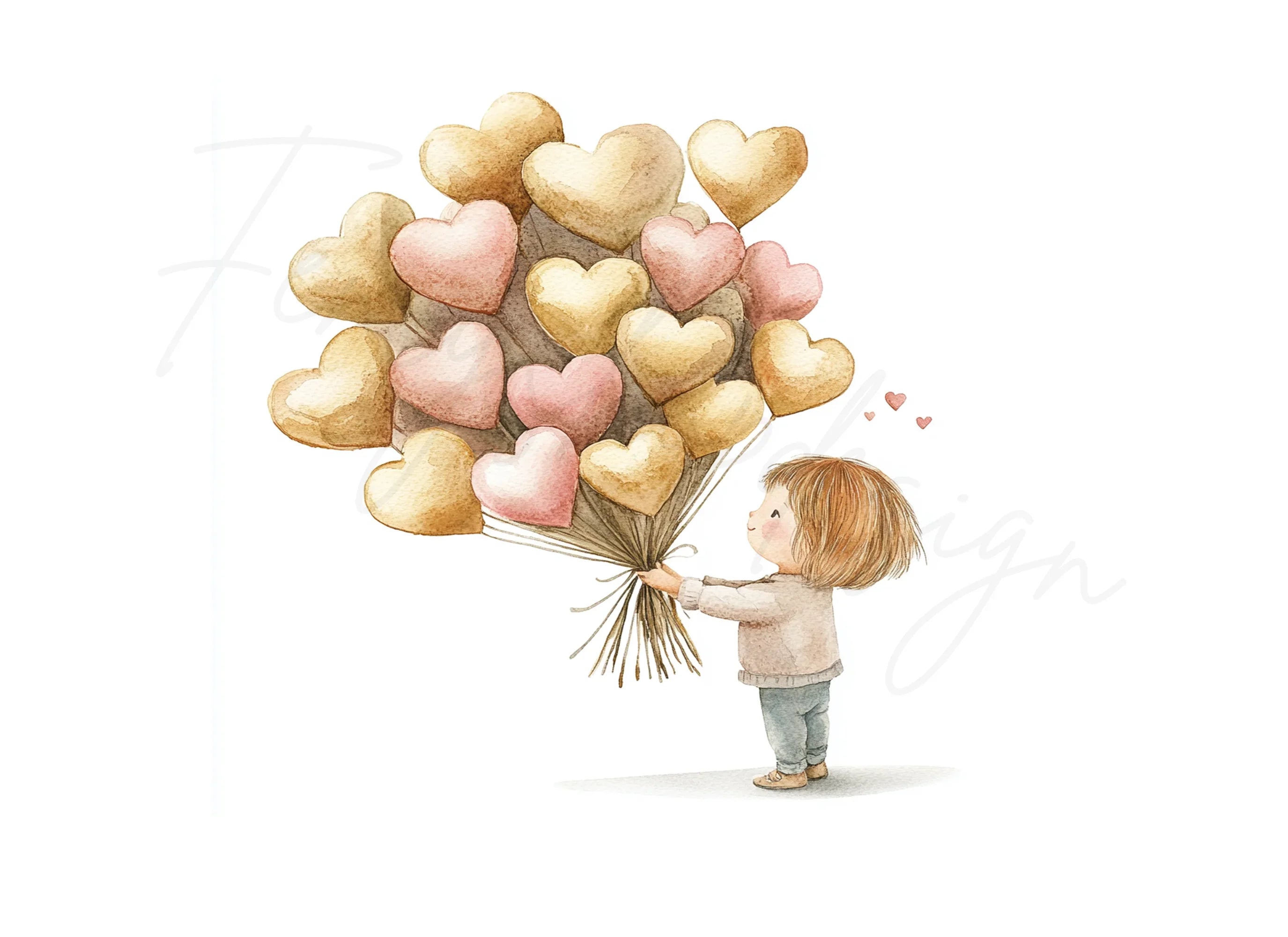 Cute Kids Holding Heart Balloons Clipart Bundle