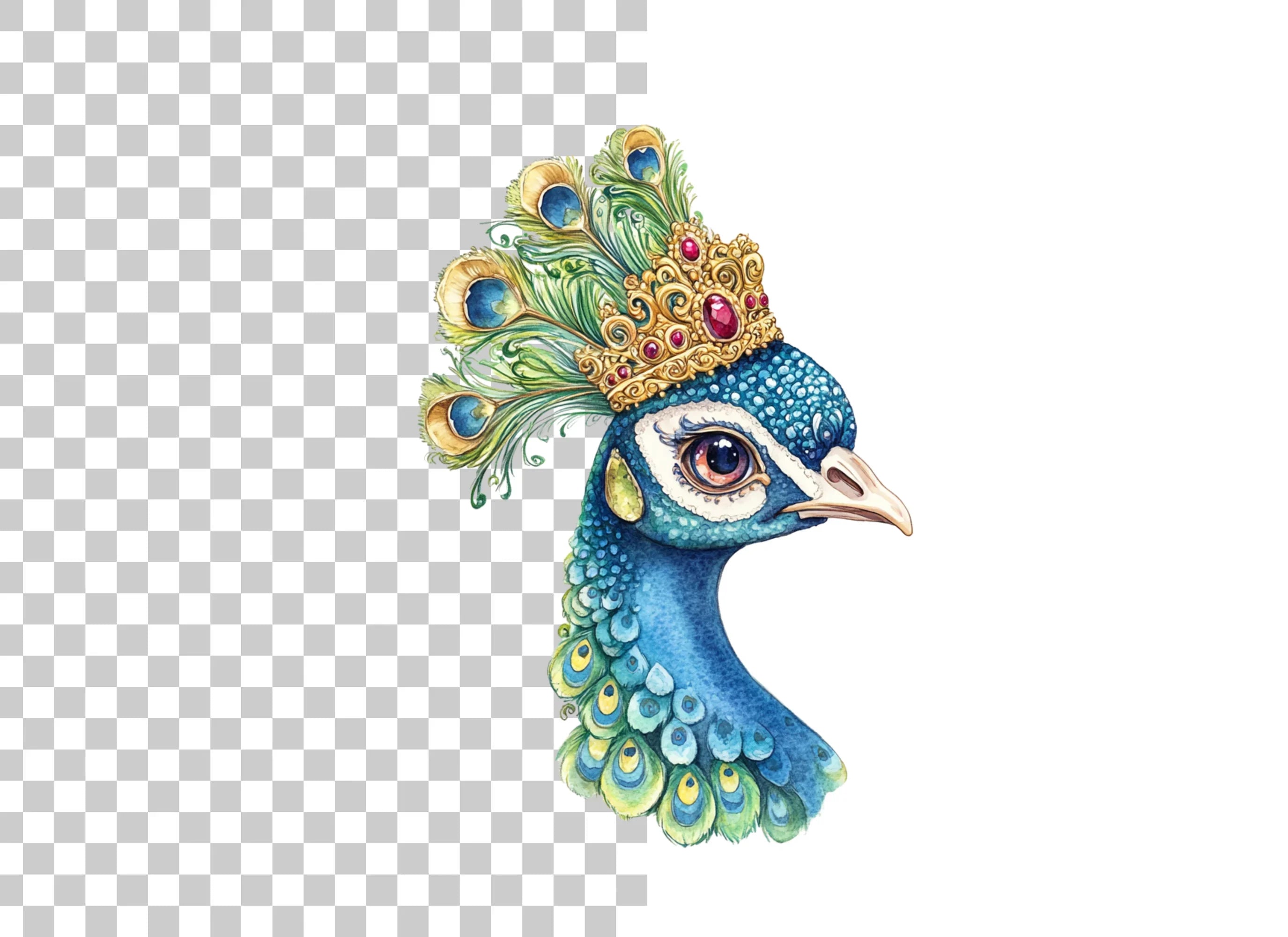 Regal Peacock Head with Golden Crown Clipart Bundle
