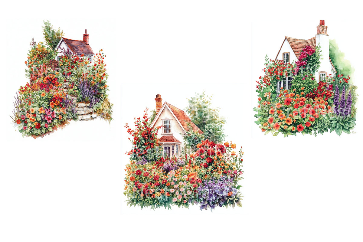 Charming Cottage Garden House Clipart Bundle