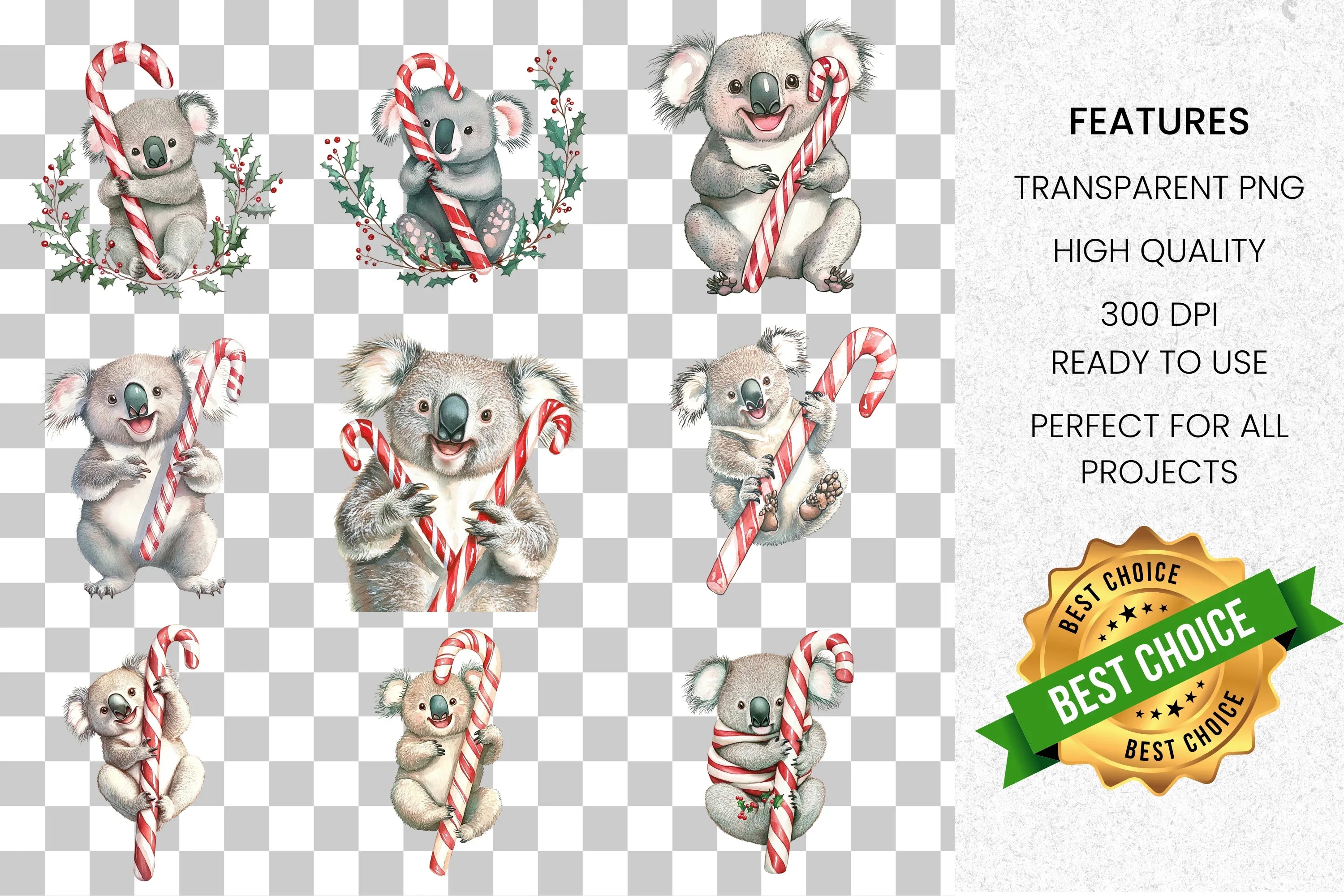 Christmas Koalas with Candy Canes Clipart Bundle