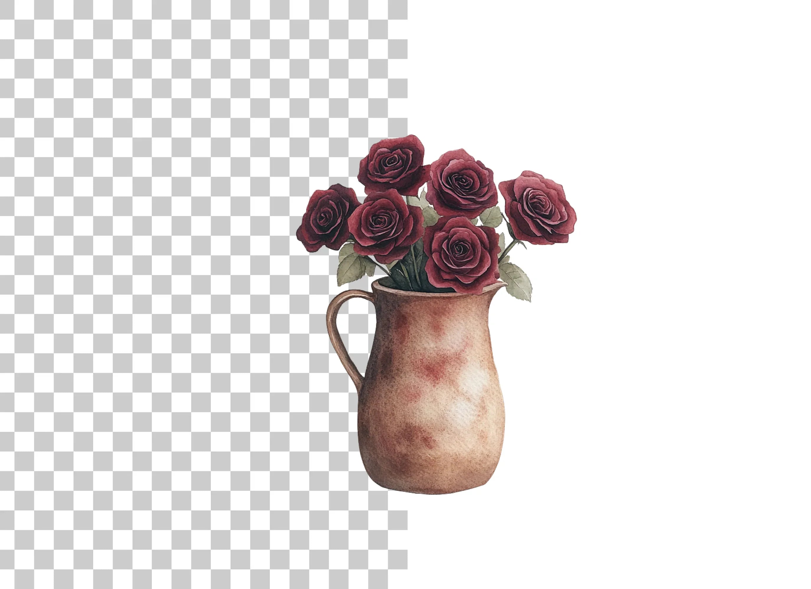 Dark Red Roses in Rustic Pitchers Clipart Bundle