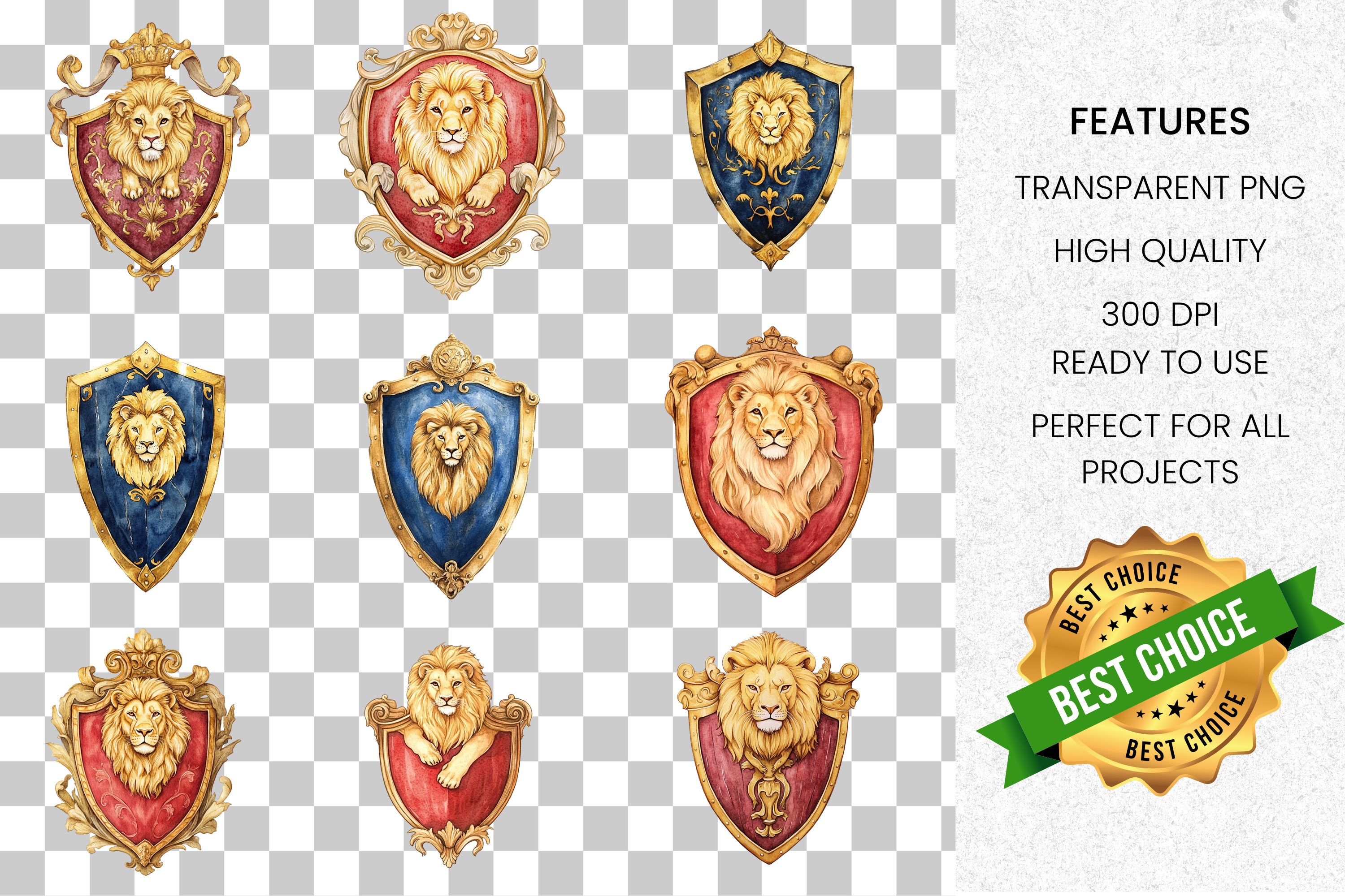 Regal Lion Crests Shields Clipart Bundle