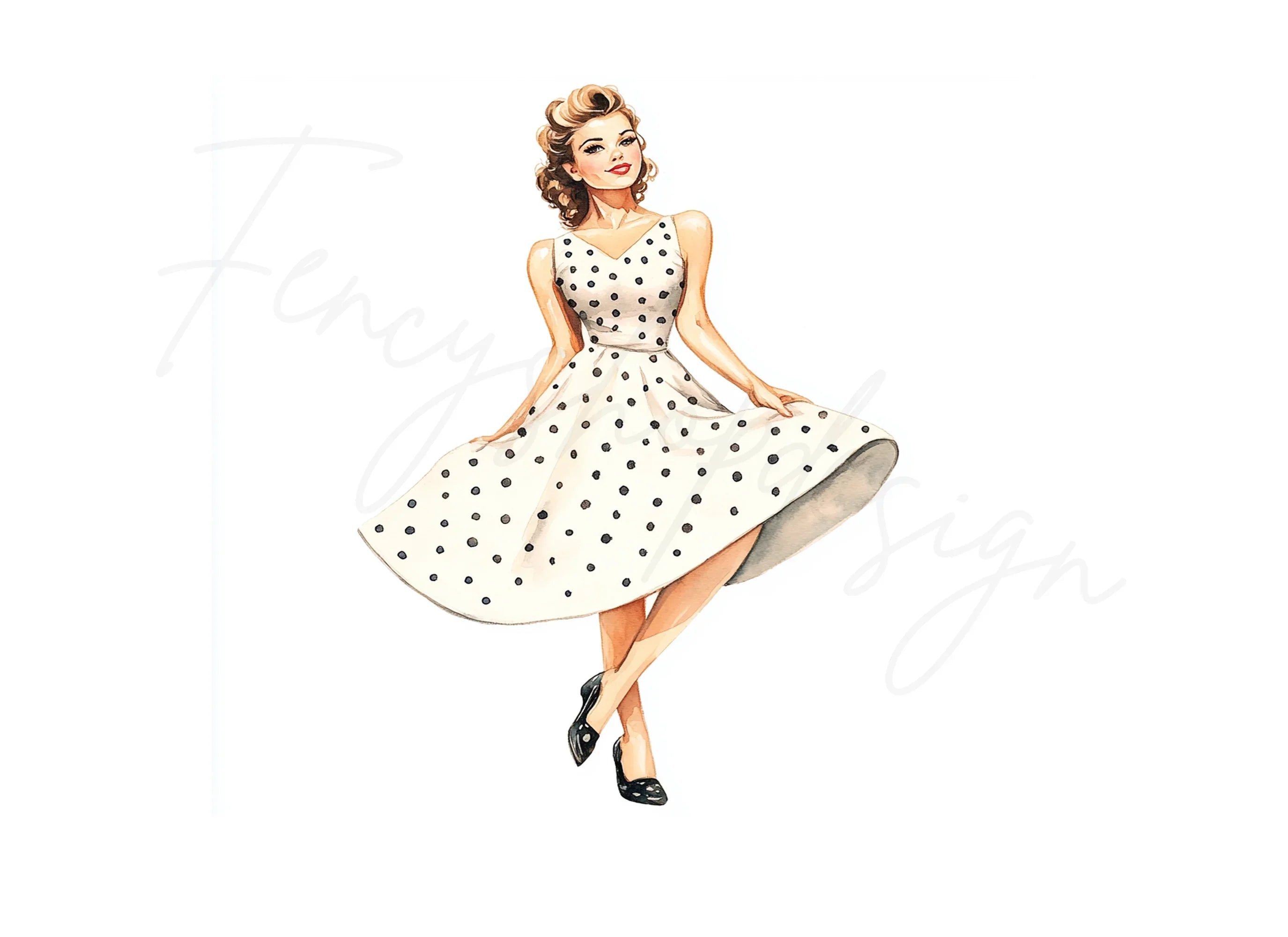 Retro 50s Polka Dot Dress Woman Clipart Bundle