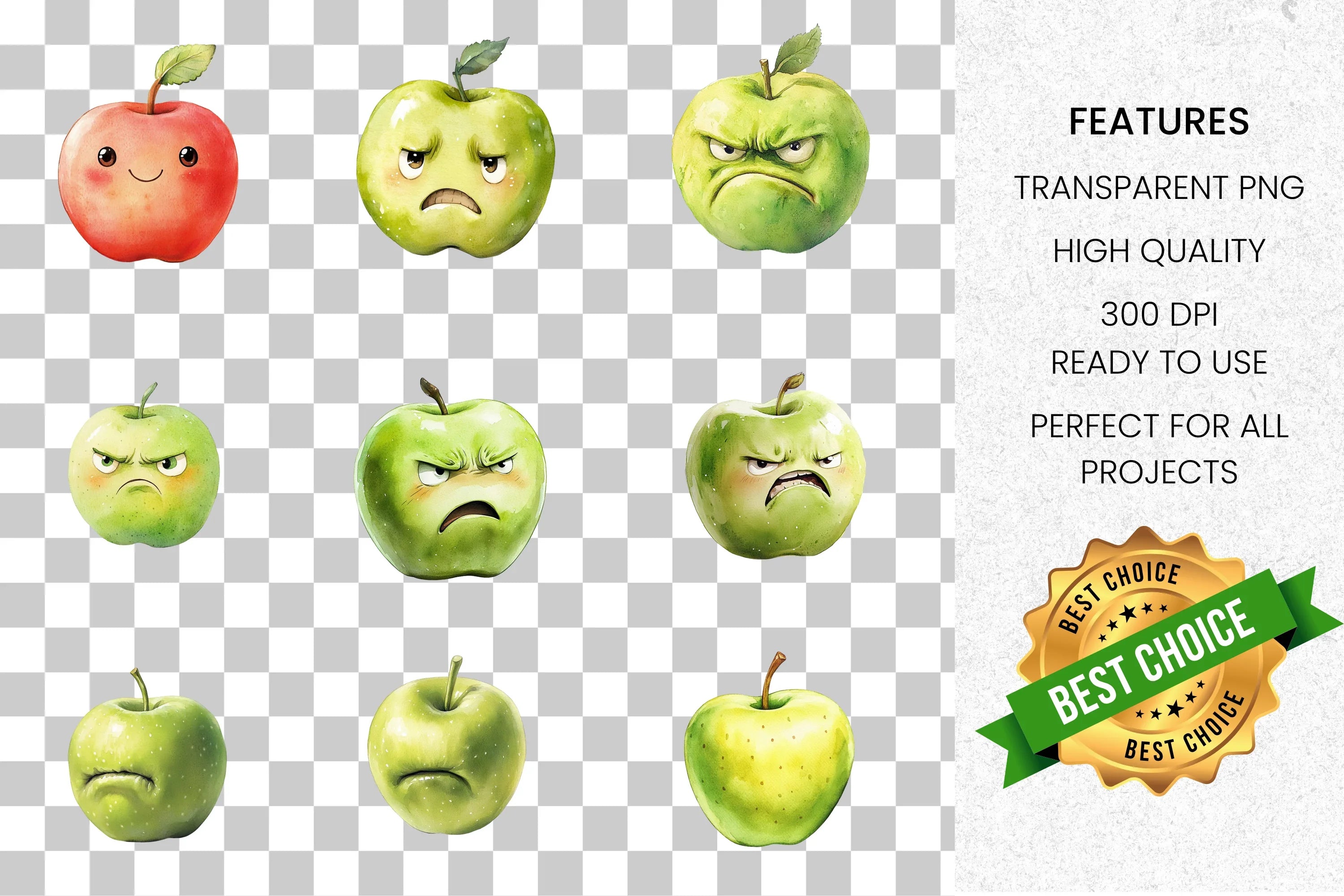 Expressive Apple Faces Clipart Bundle