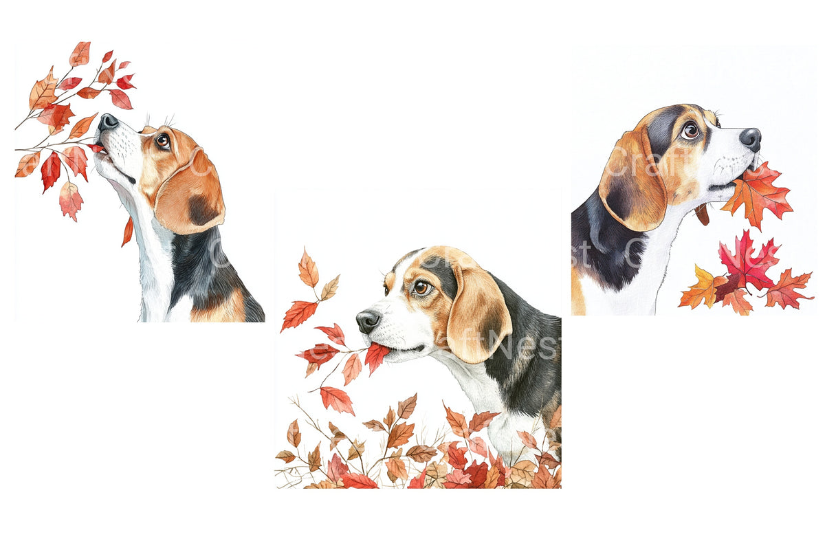 Autumn Beagle Dogs With Leaves Clipart Bundle