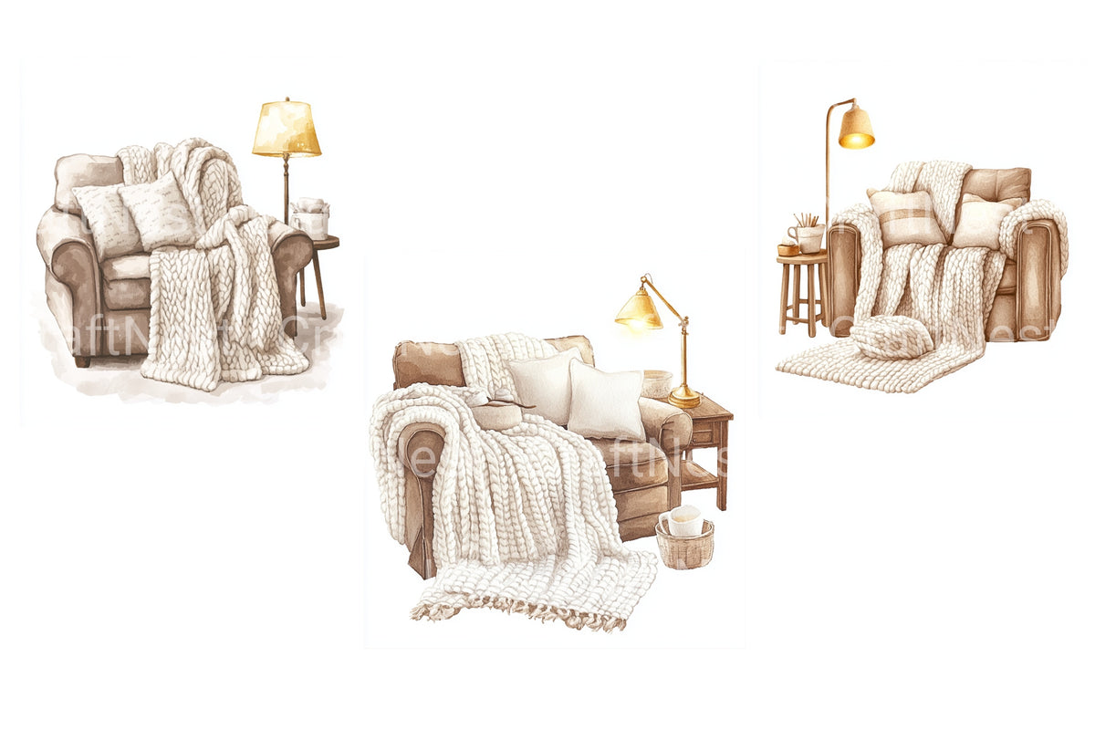 Cozy Armchair And Blanket Clipart Bundle