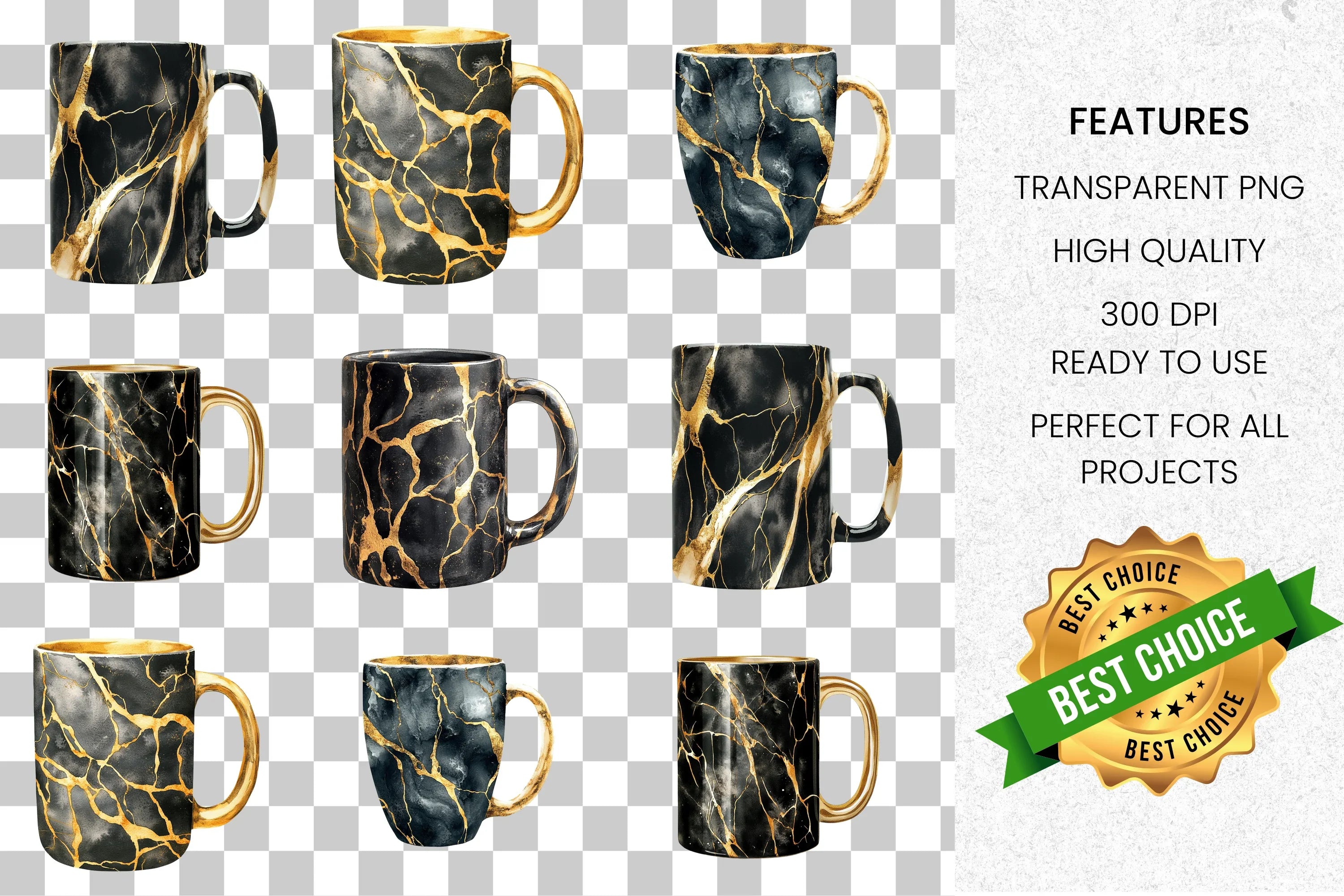 Elegant Black Gold Kintsugi Clipart Bundle