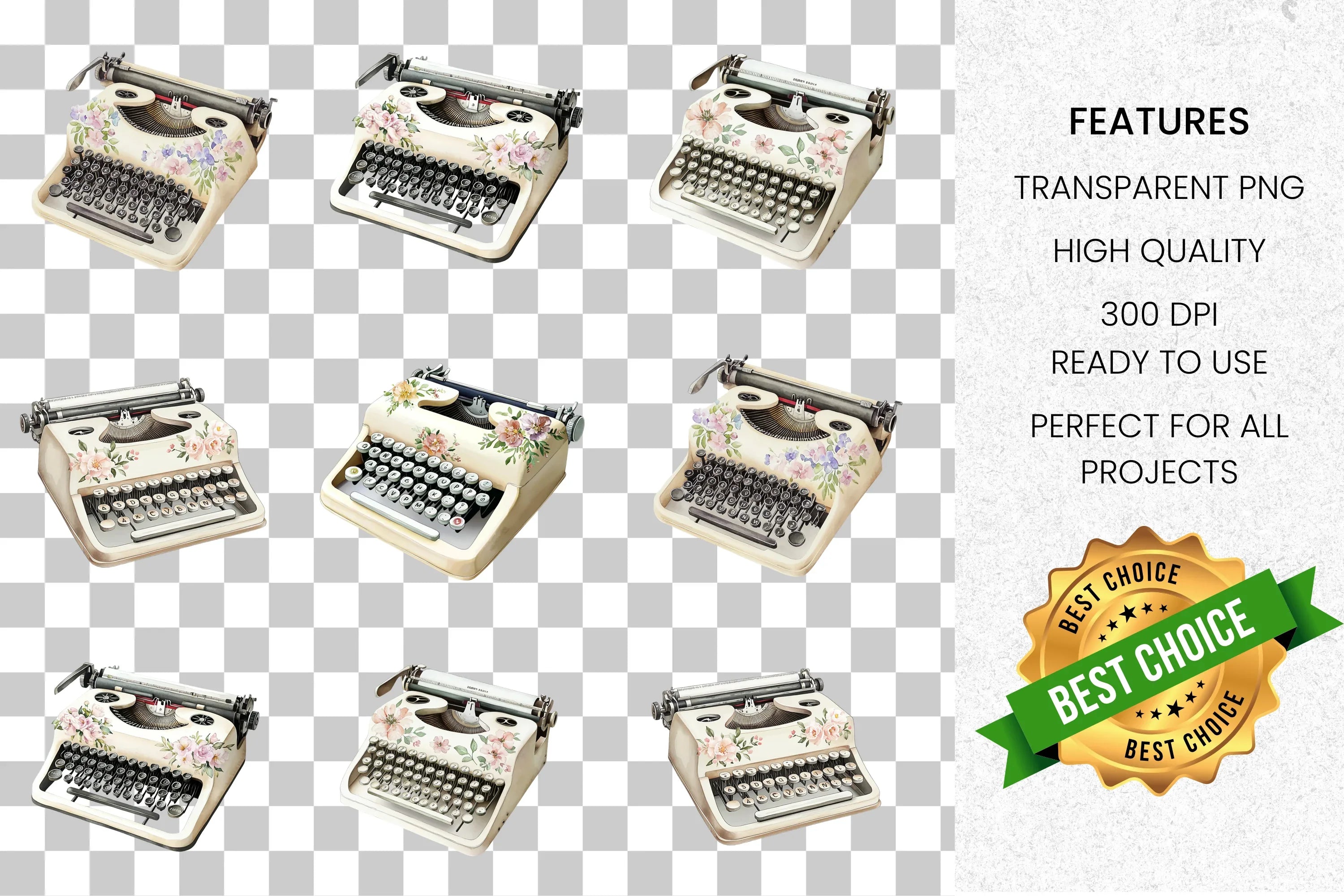Elegant Floral Vintage Typewriter Clipart Bundle