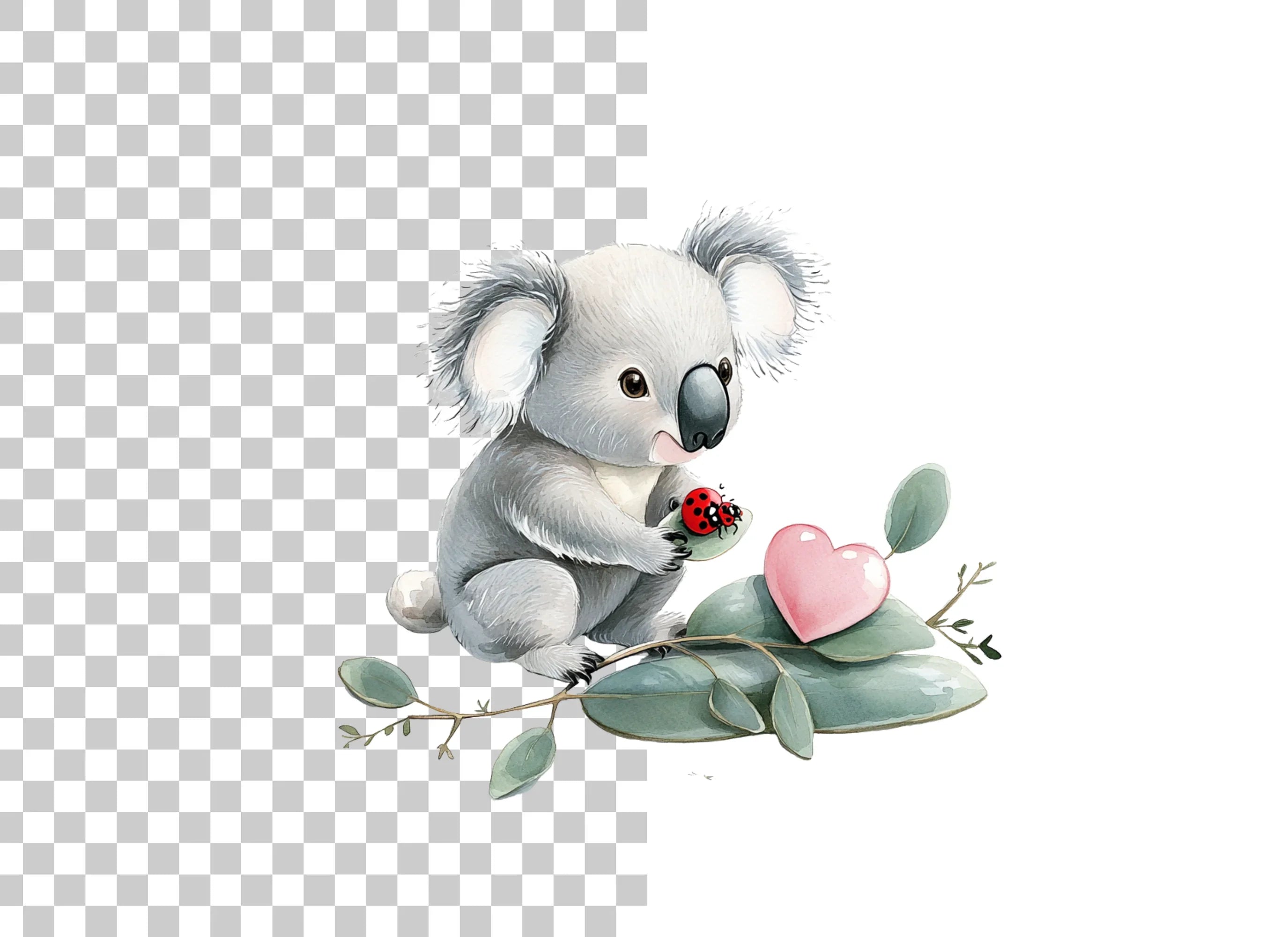 Cute Koala with Ladybug and Heart Clipart Bundle