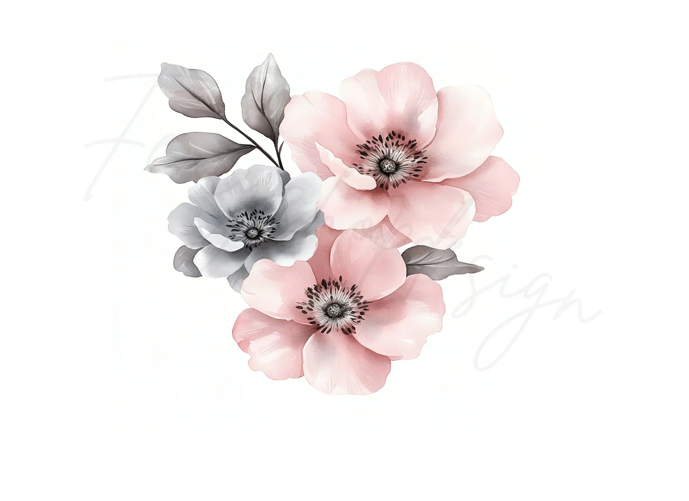 Soft Pink and Grey Flowers Clipart Bundle