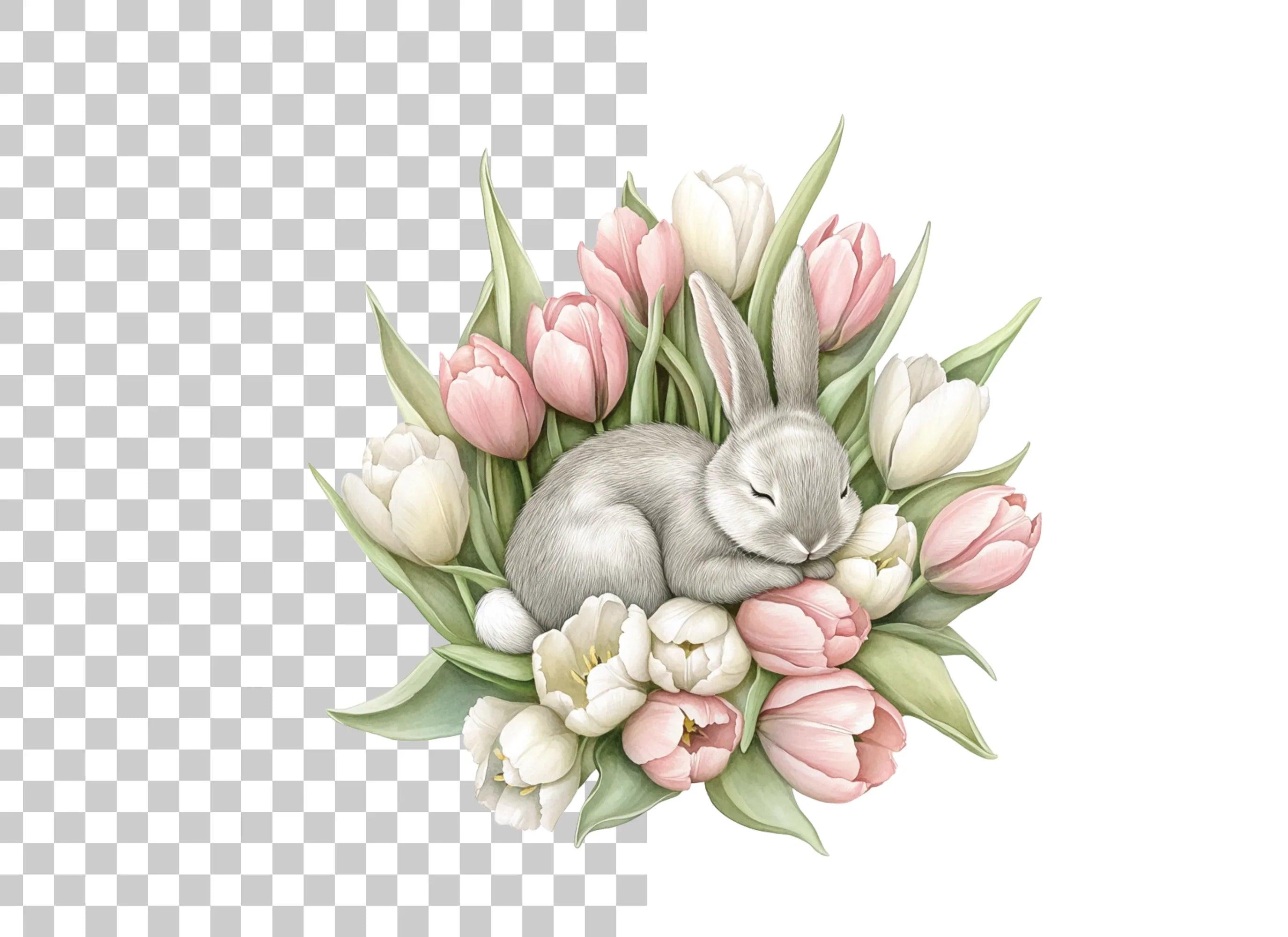 Sleeping Bunny in Tulip Bouquet Clipart Bundle
