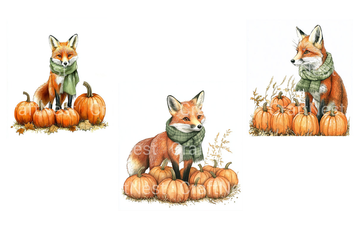 Autumn Fox With Pumpkins Clipart Bundle