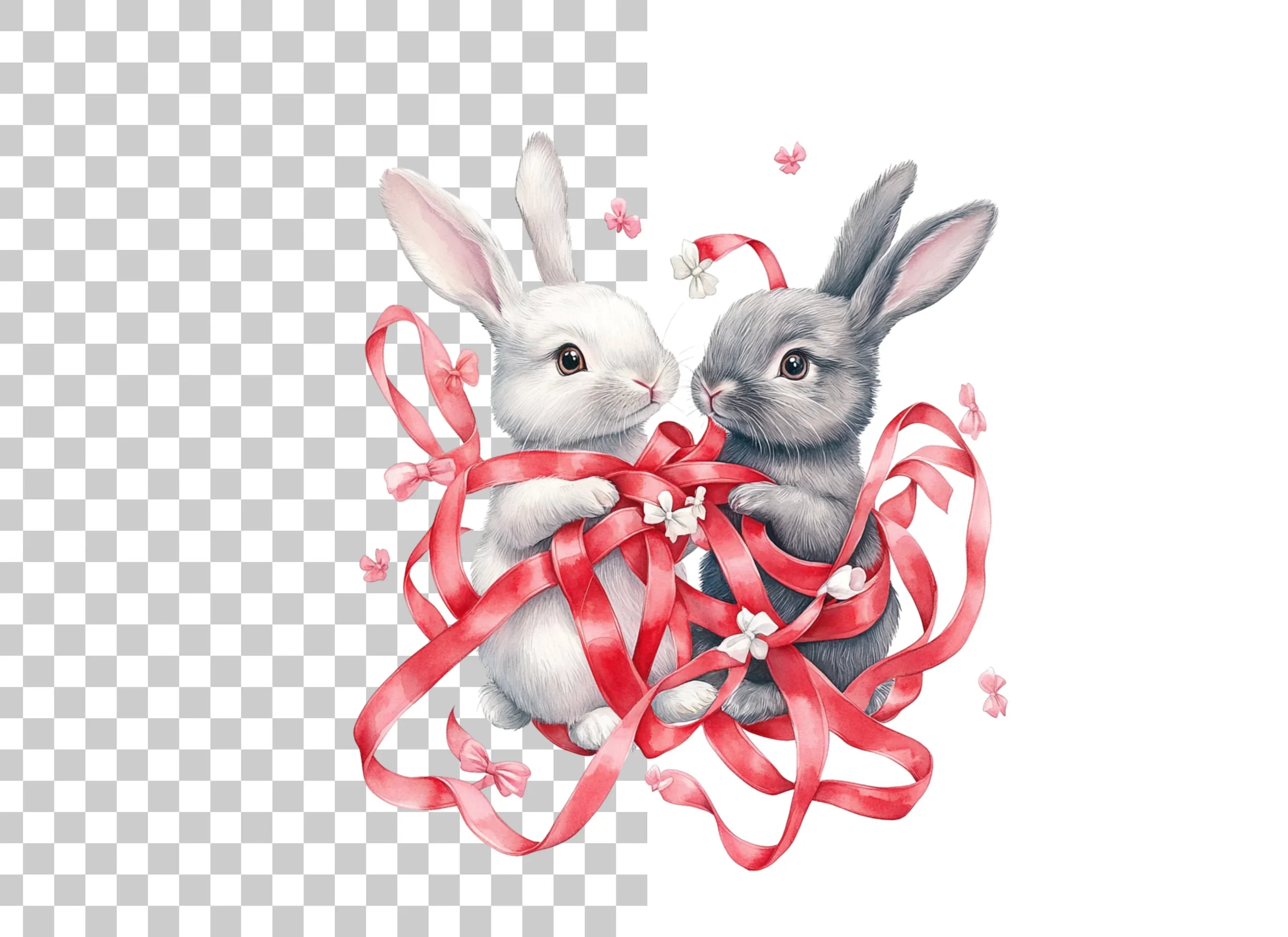 Cute Bunny Couple with Red Ribbons Clipart Bundle