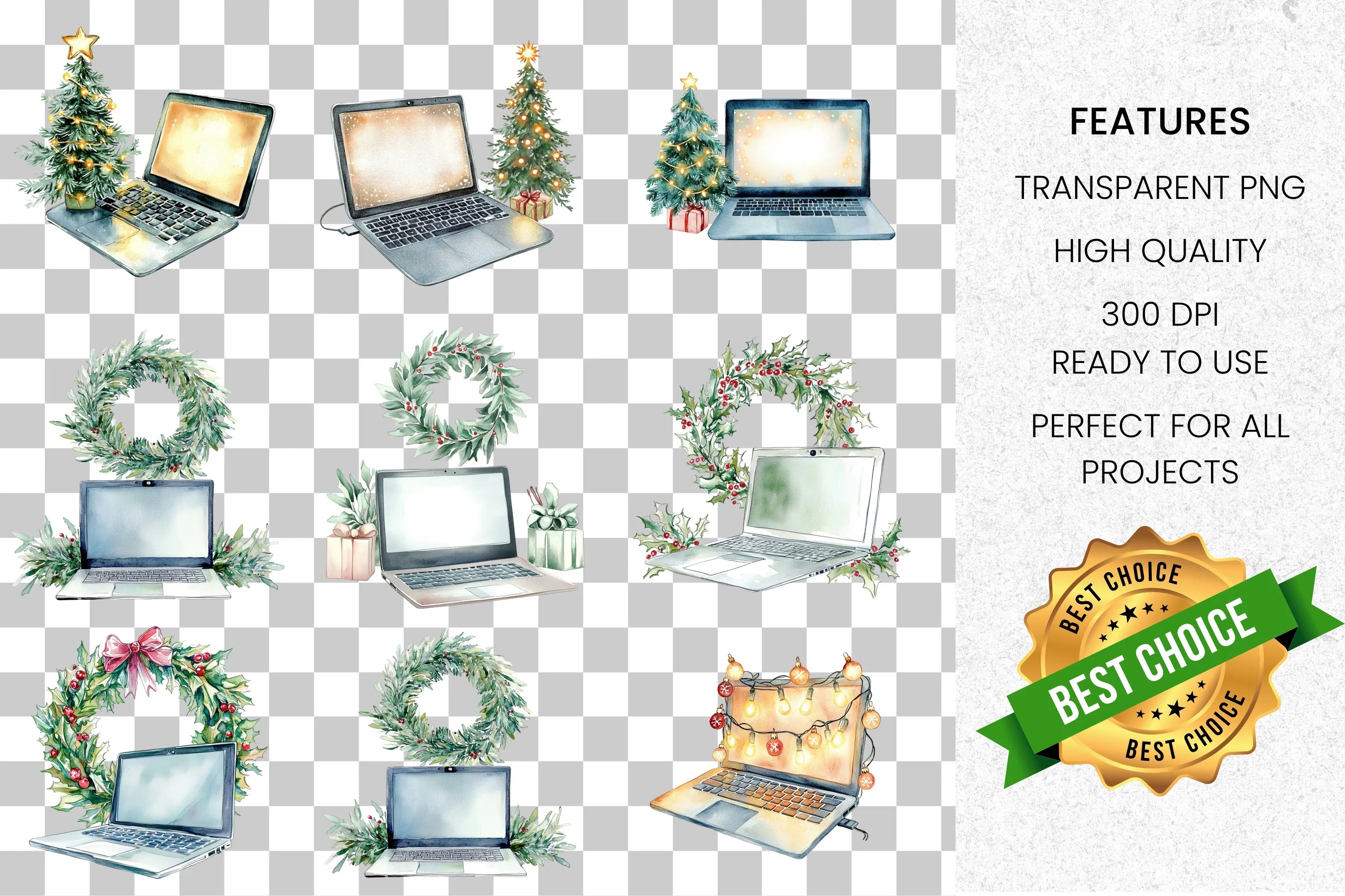 Christmas Laptop Pinecones Clipart Bundle
