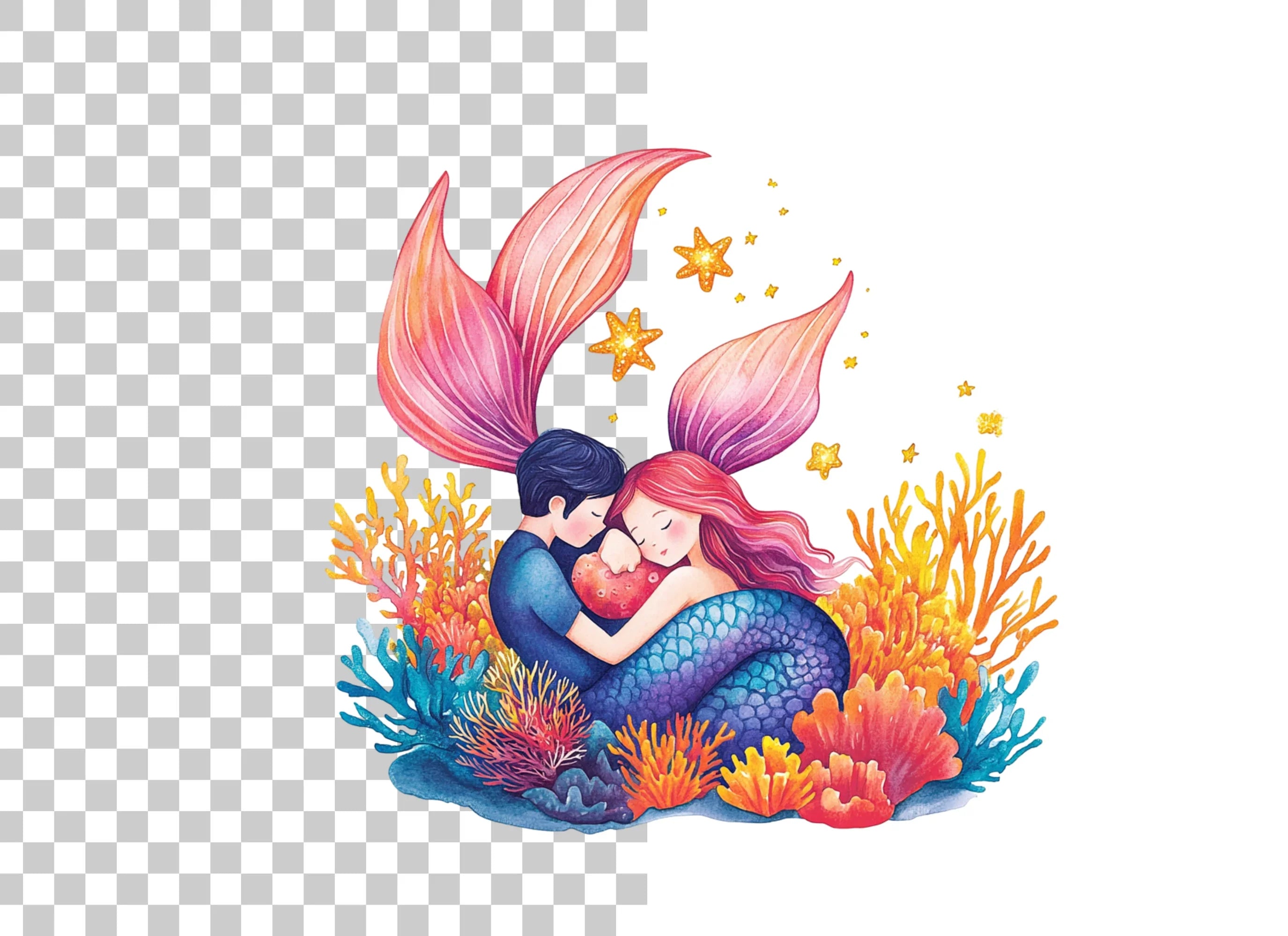 Romantic Mermaid Couple Hugging Clipart Bundle