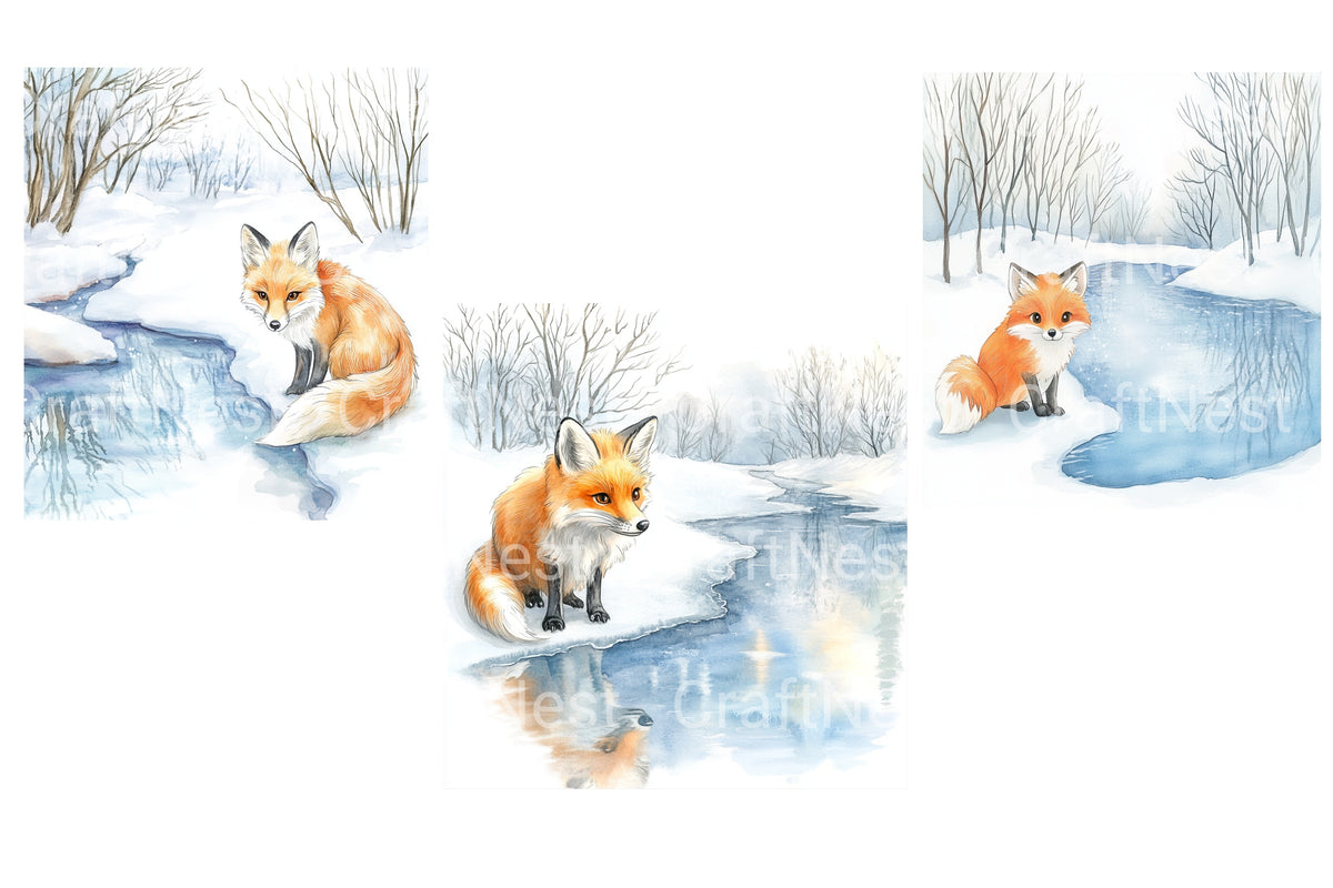 Red Foxes Winter Snowy River Clipart Bundle