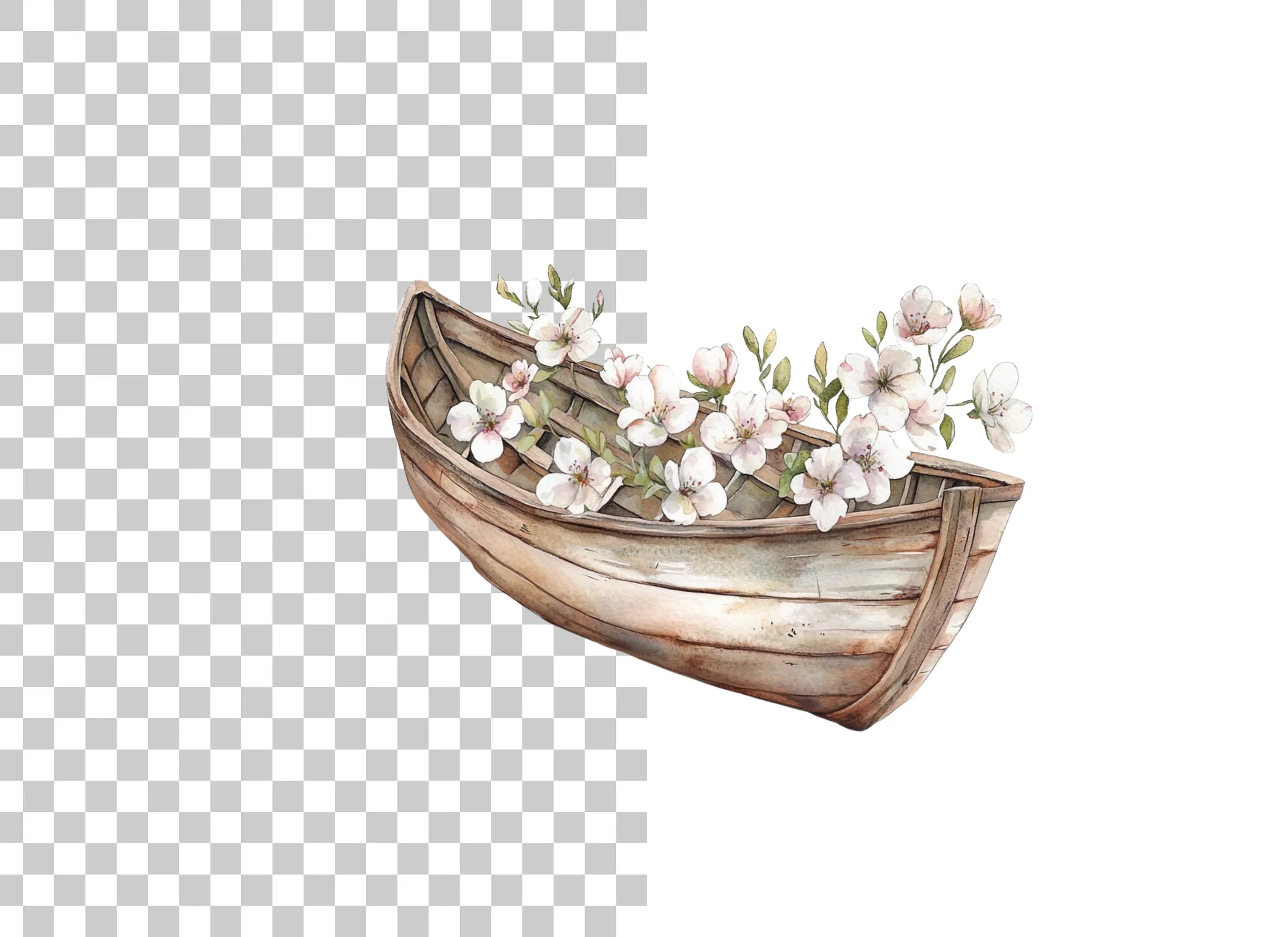 Small Wooden Boat with Pink Flowers Clipart Bundle