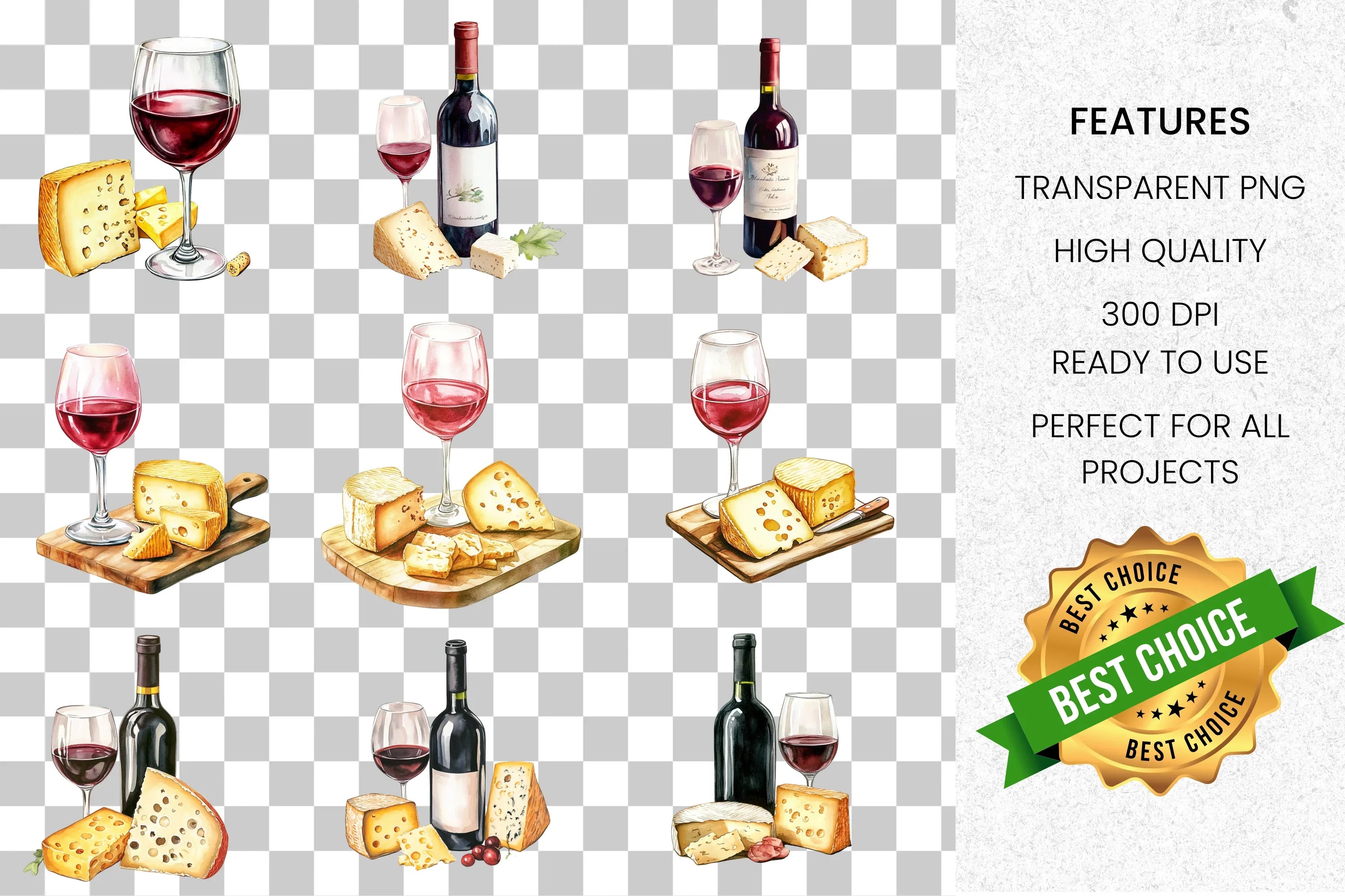 Wine and Cheese Clipart Bundle