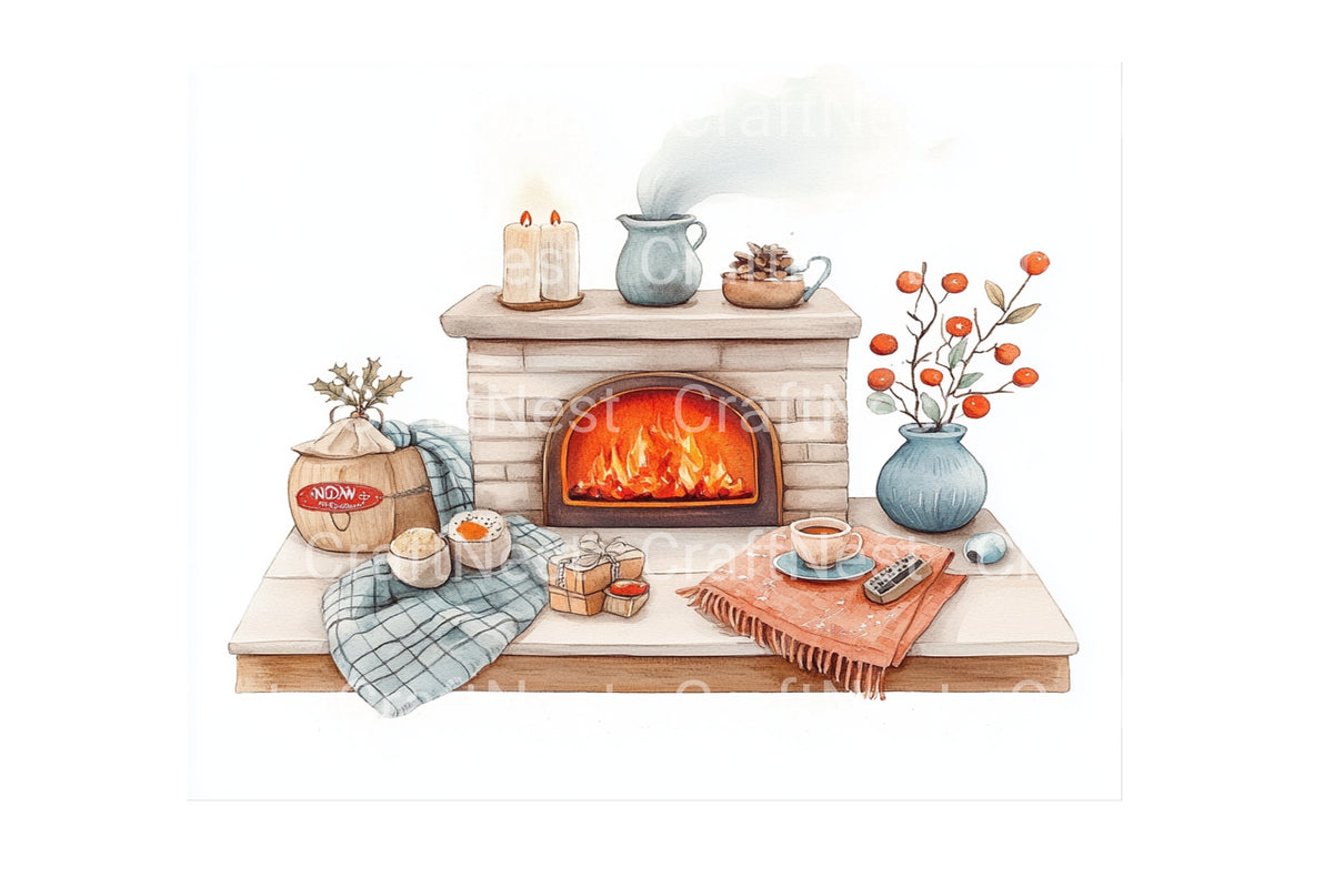 Cozy Fireplace Home Decor Clipart Bundle