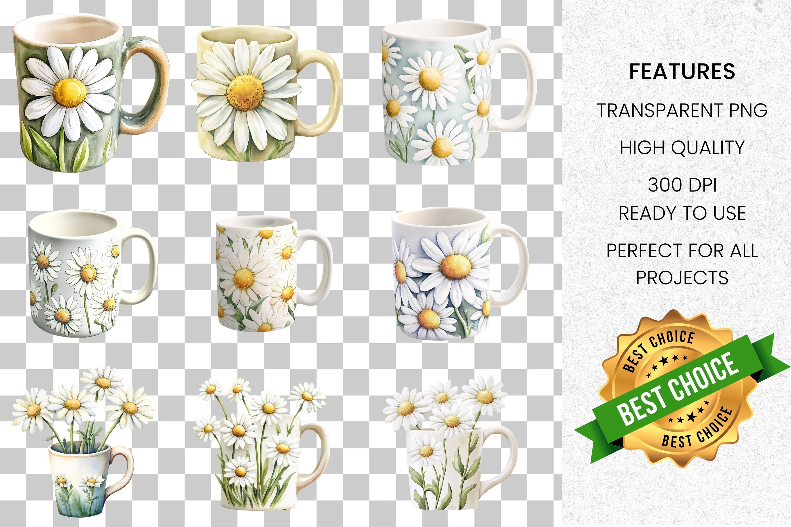 Daisy Mugs Clipart Bundle