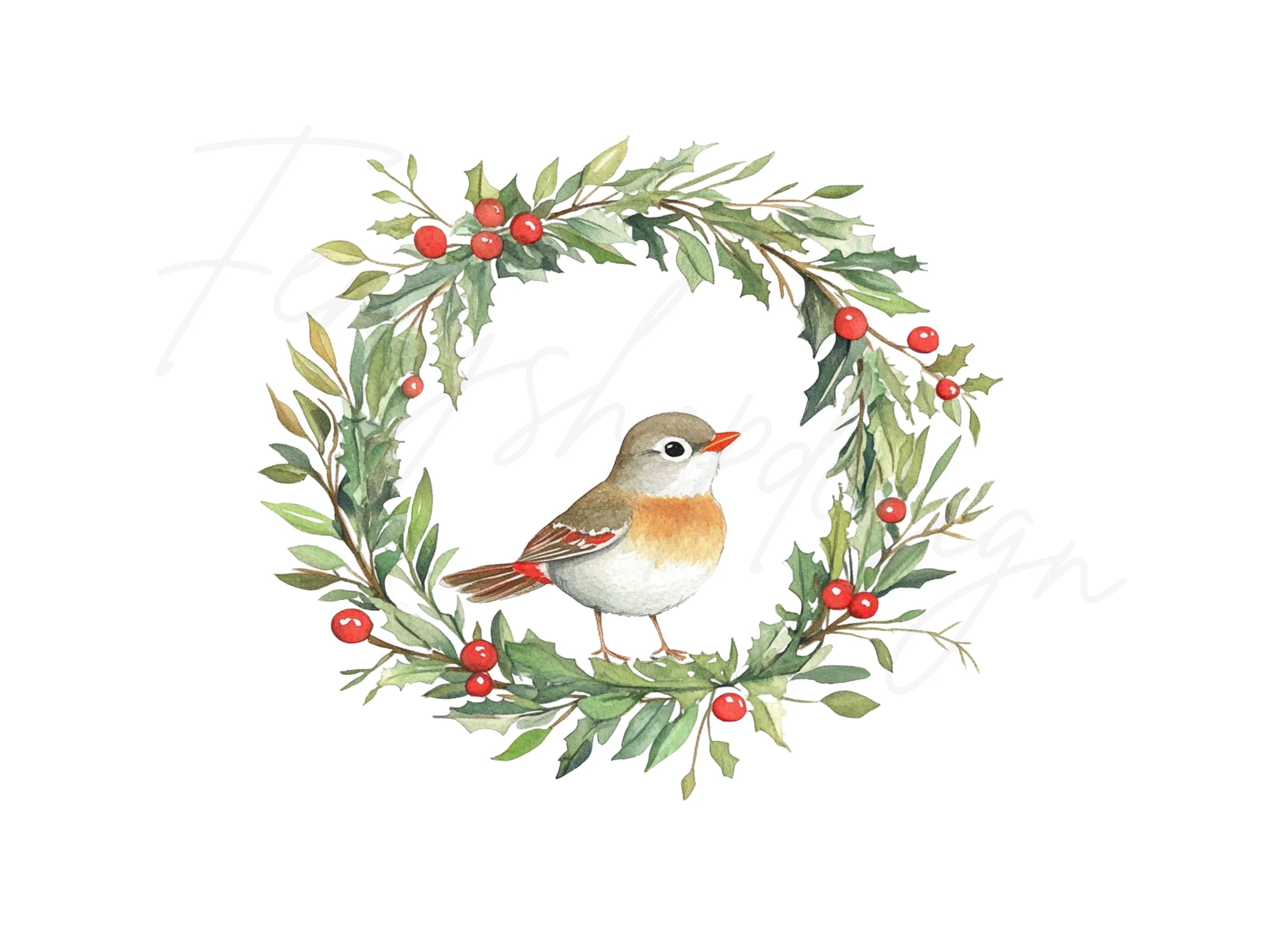 Christmas Holly Wreaths with Birds Clipart Bundle