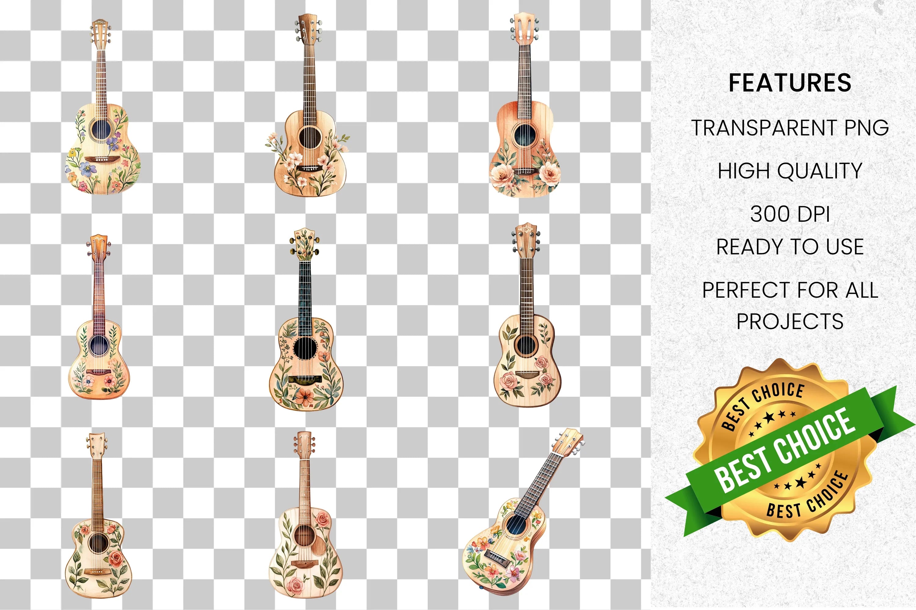 Floral Guitar Clipart Bundle