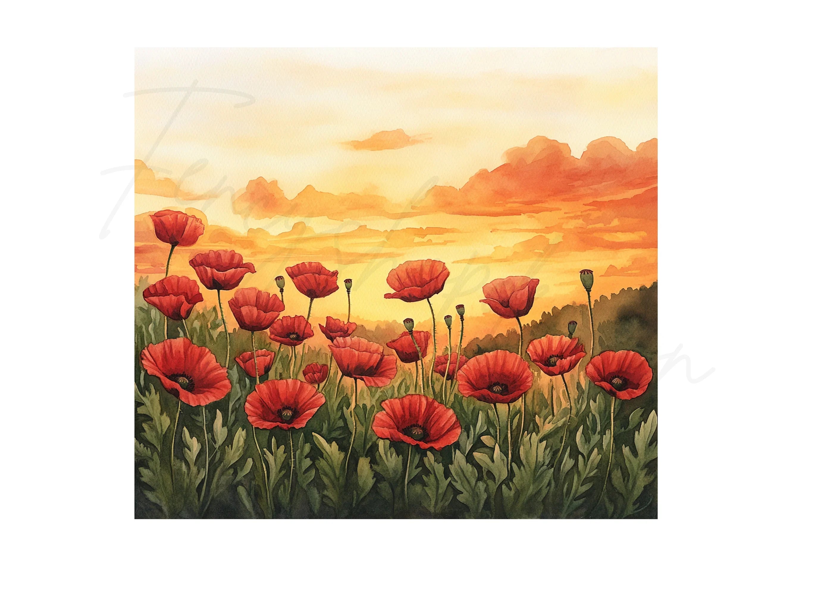 Poppy Field Sunset Landscape Clipart Bundle