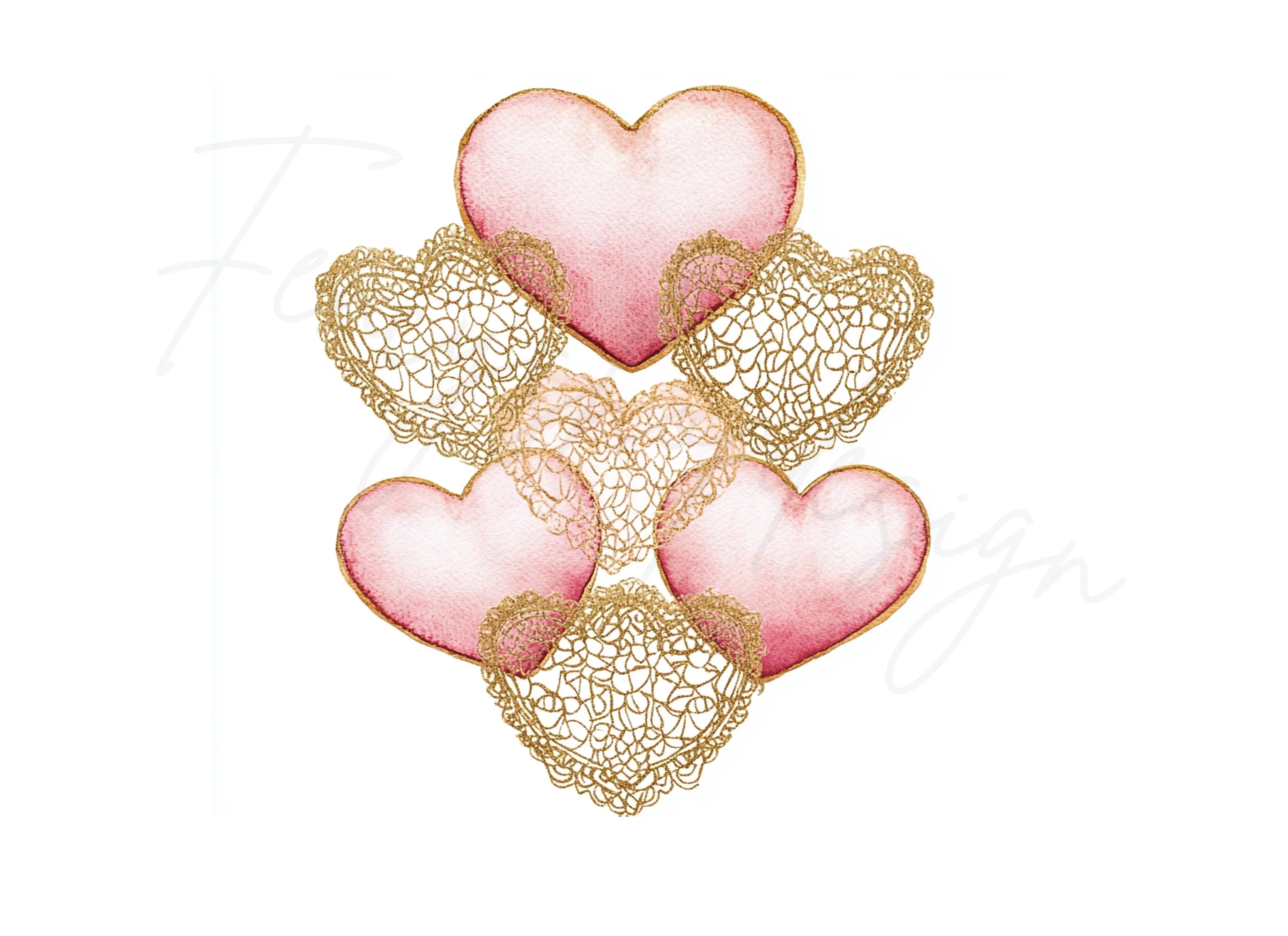 Pink Gold Lace Heart Clipart Bundle