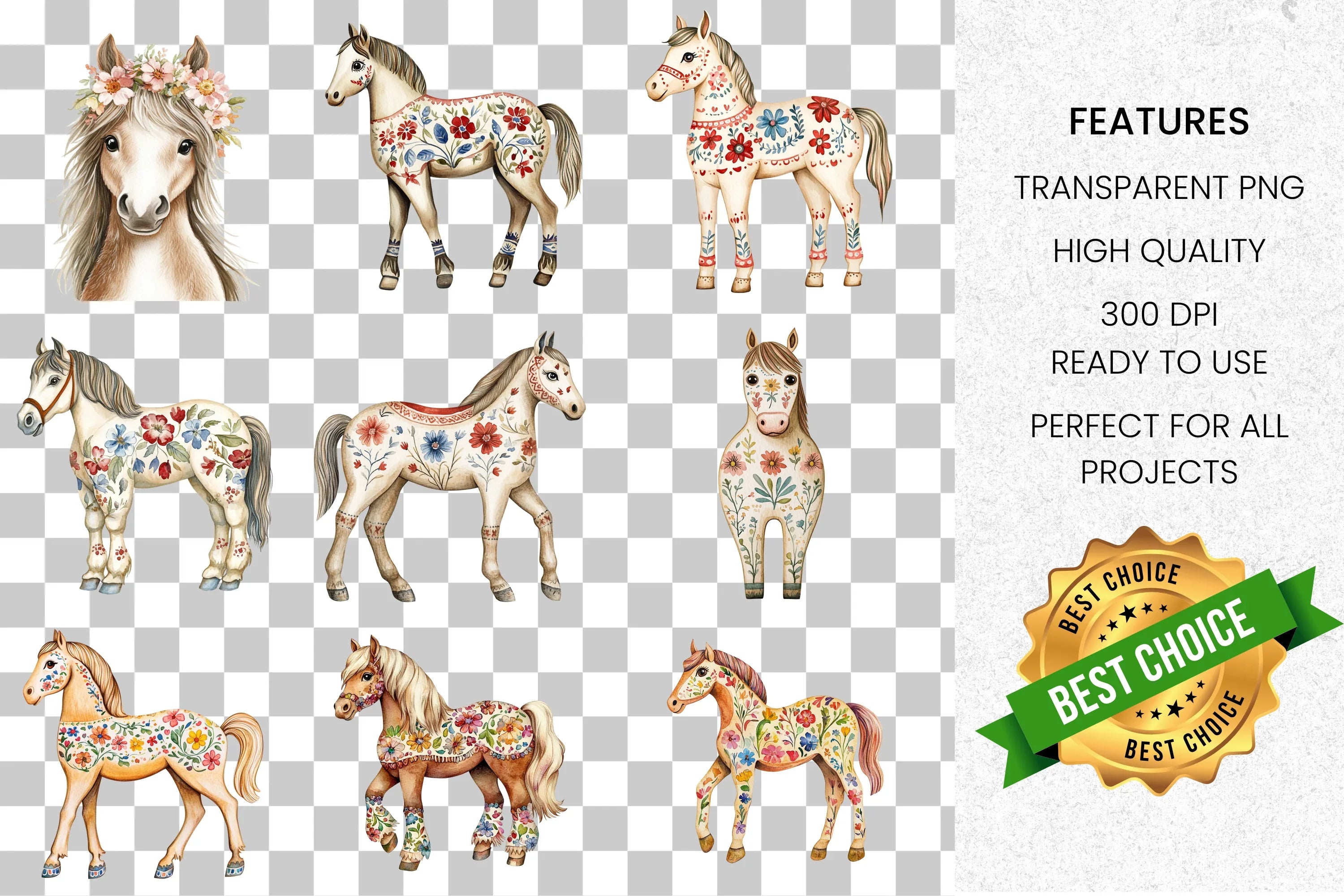 Floral Horses Clipart Bundle