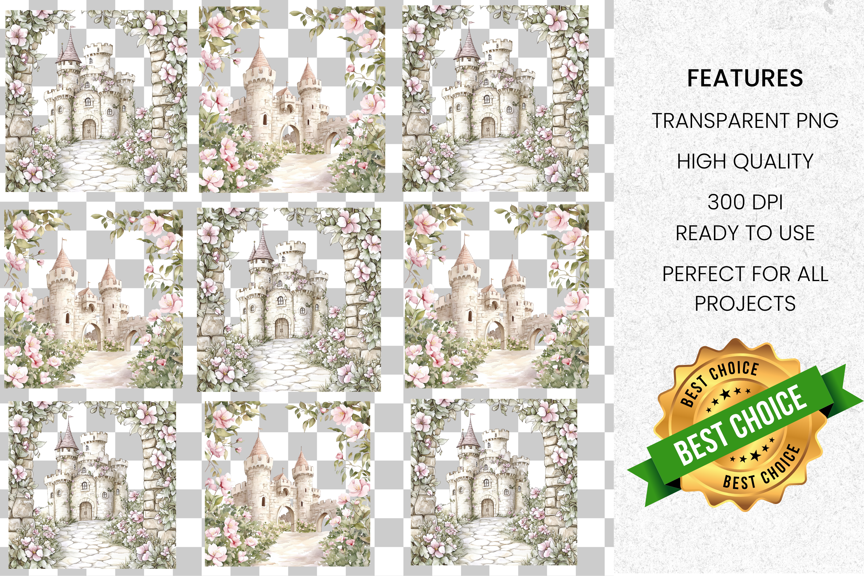 Fairytale Castle Pink Roses Clipart Bundle