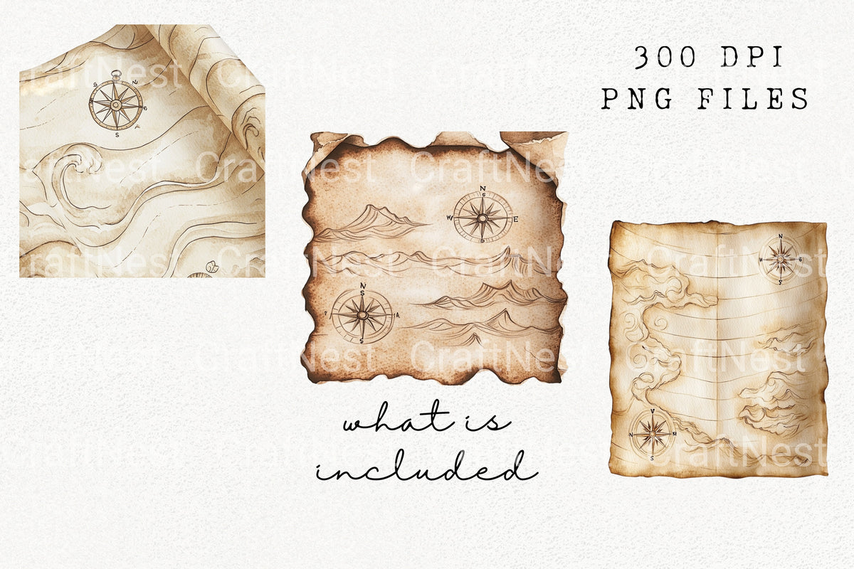 Old Scroll Maps Compass Clipart Bundle