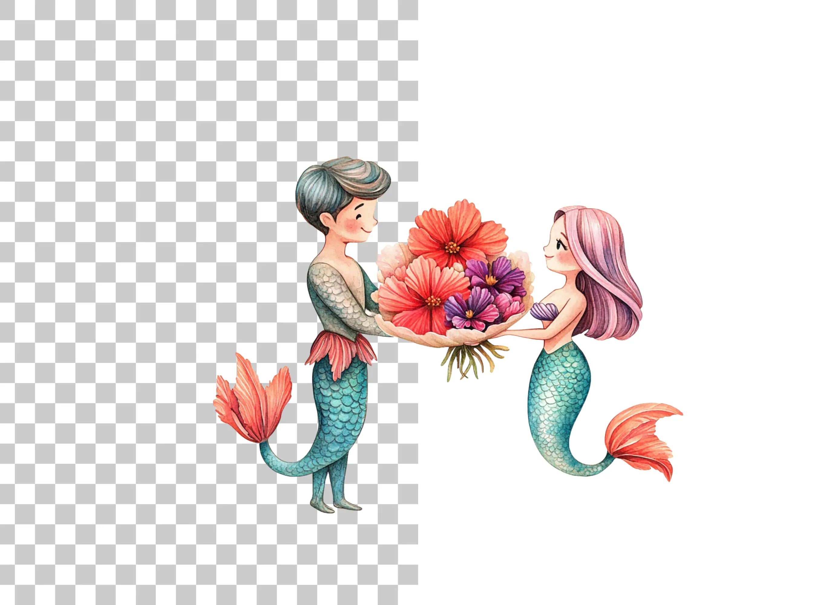 Mermaid Couple with Flower Bouquets Clipart Bundle