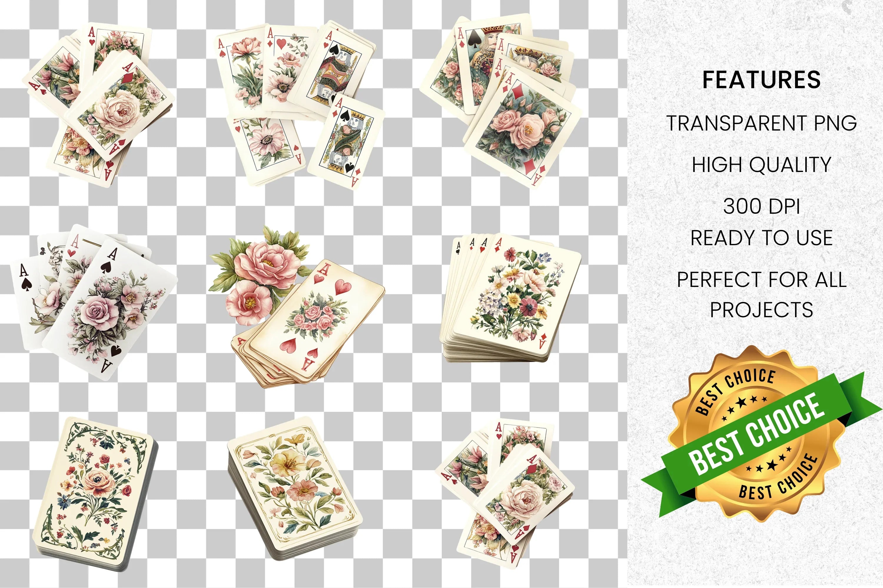Vintage Floral Playing Cards Clipart Bundle