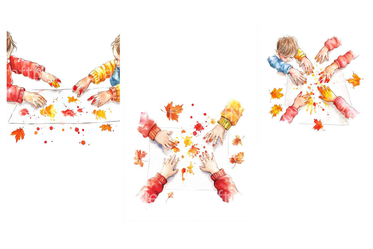 Kids Autumn Leaf Finger Painting Clipart Bundle