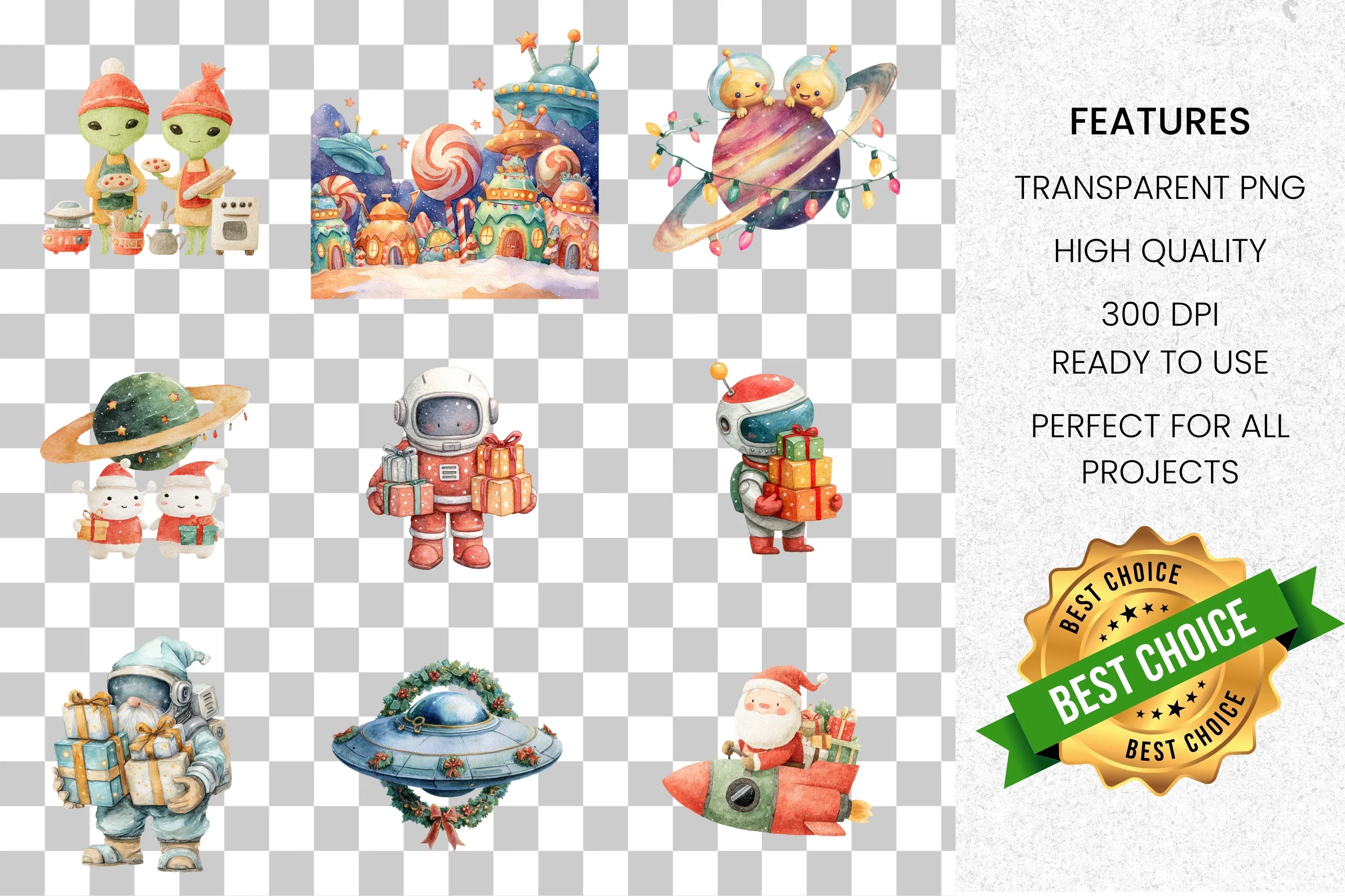 Space Christmas Alien Worlds Clipart Bundle