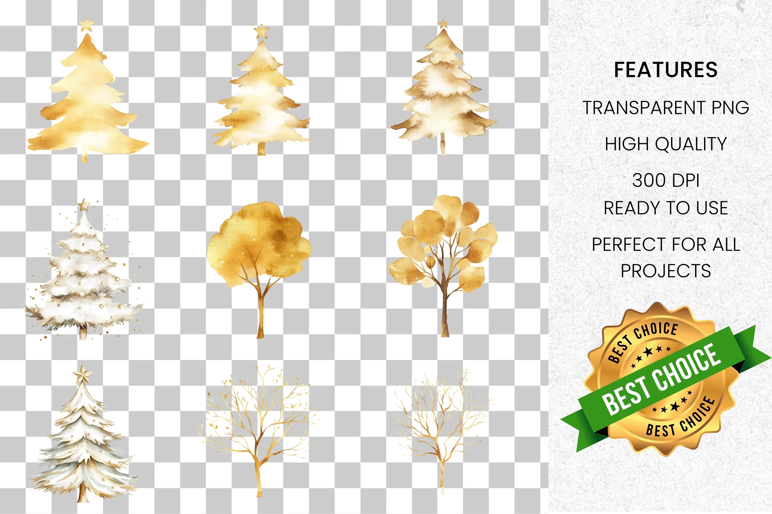 Elegant Gold and White Christmas Trees Clipart Bundle