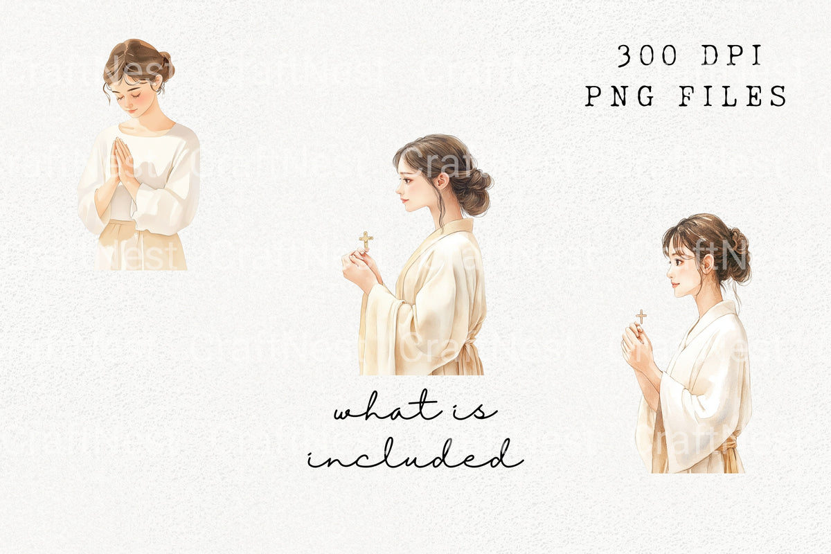 Young Woman Holding Cross Clipart Bundle