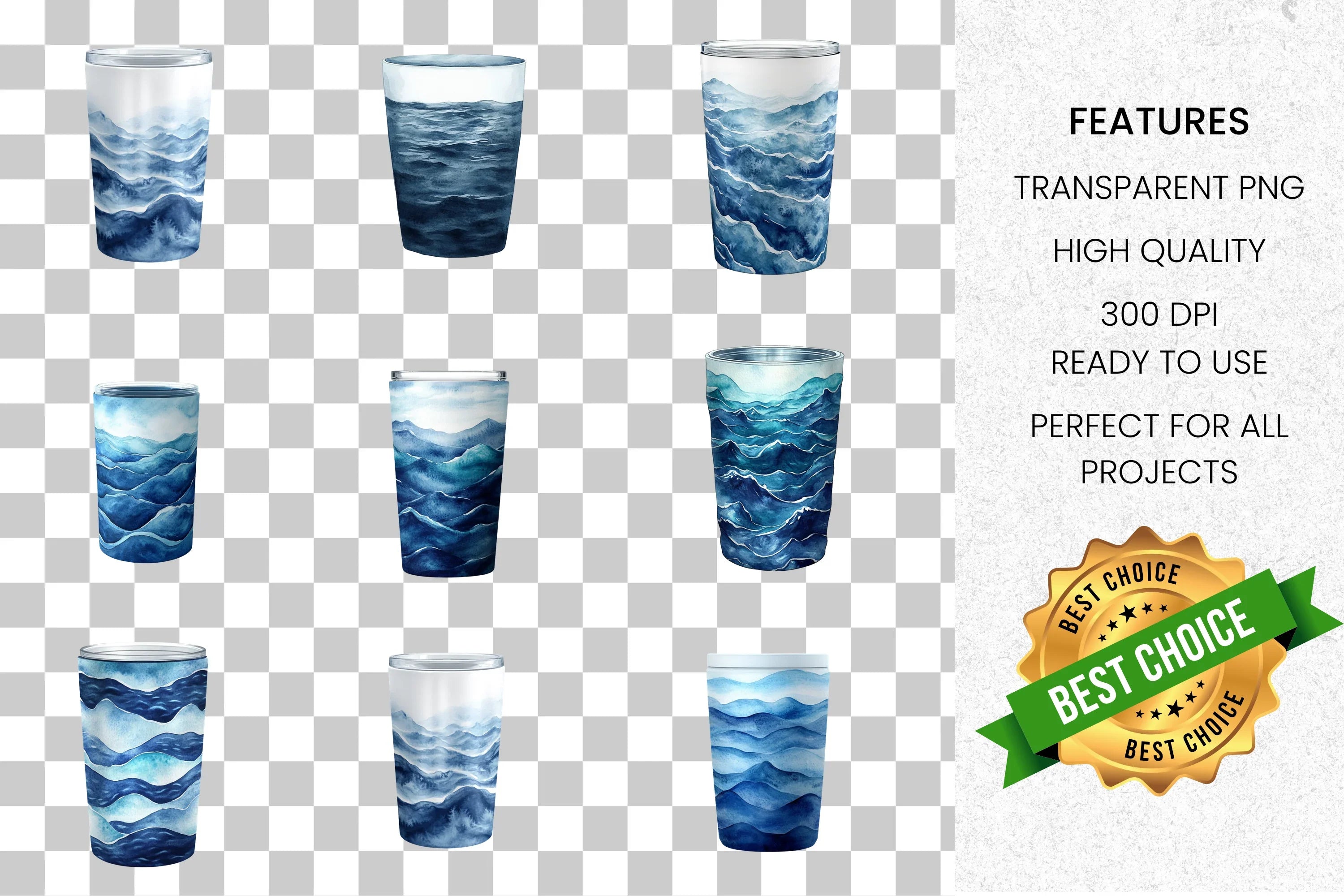 Deep Blue Ocean Wave Tumbler Designs Clipart Bundle
